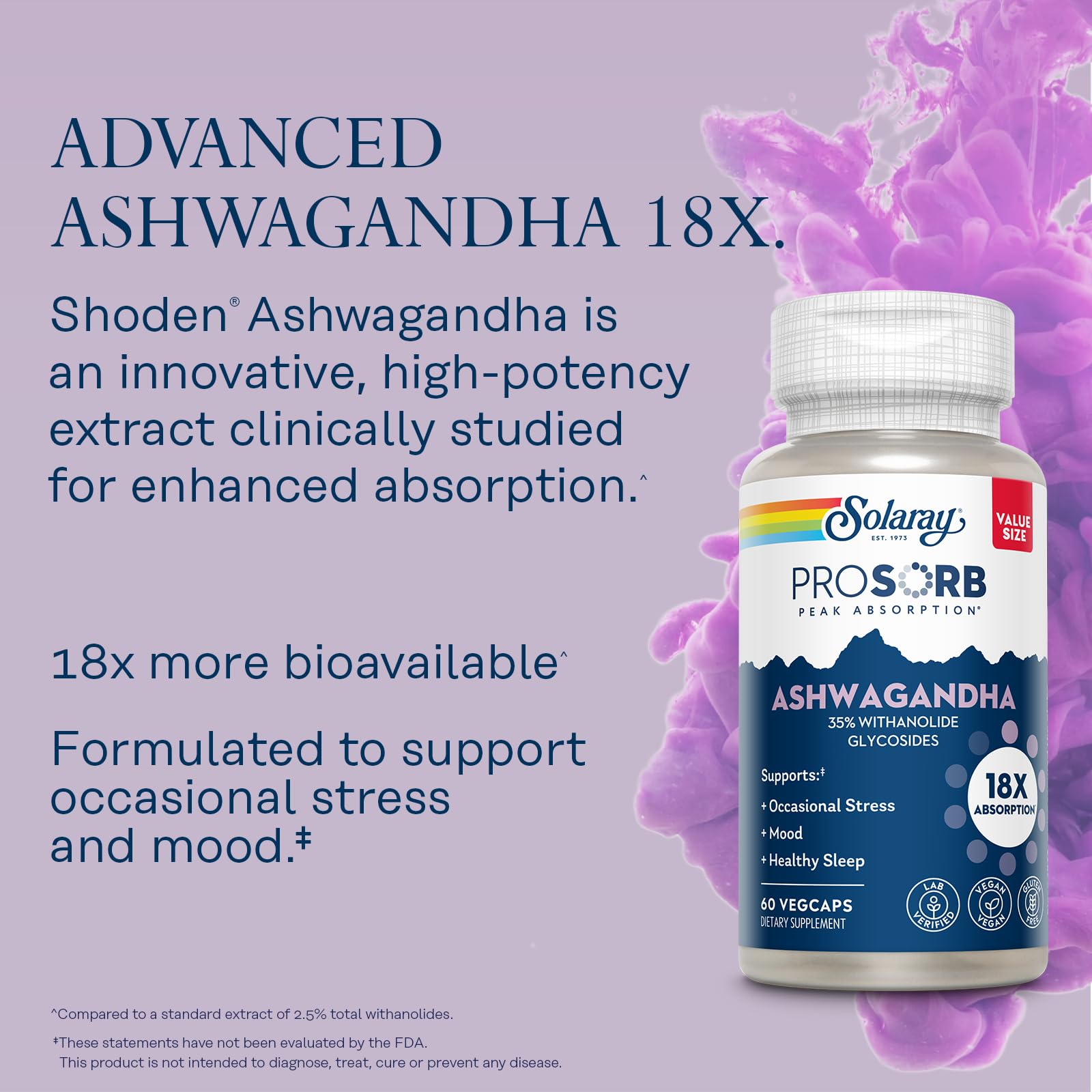 Étiquette SOLARAY Ashwagandha avec informations sur ingrédients.