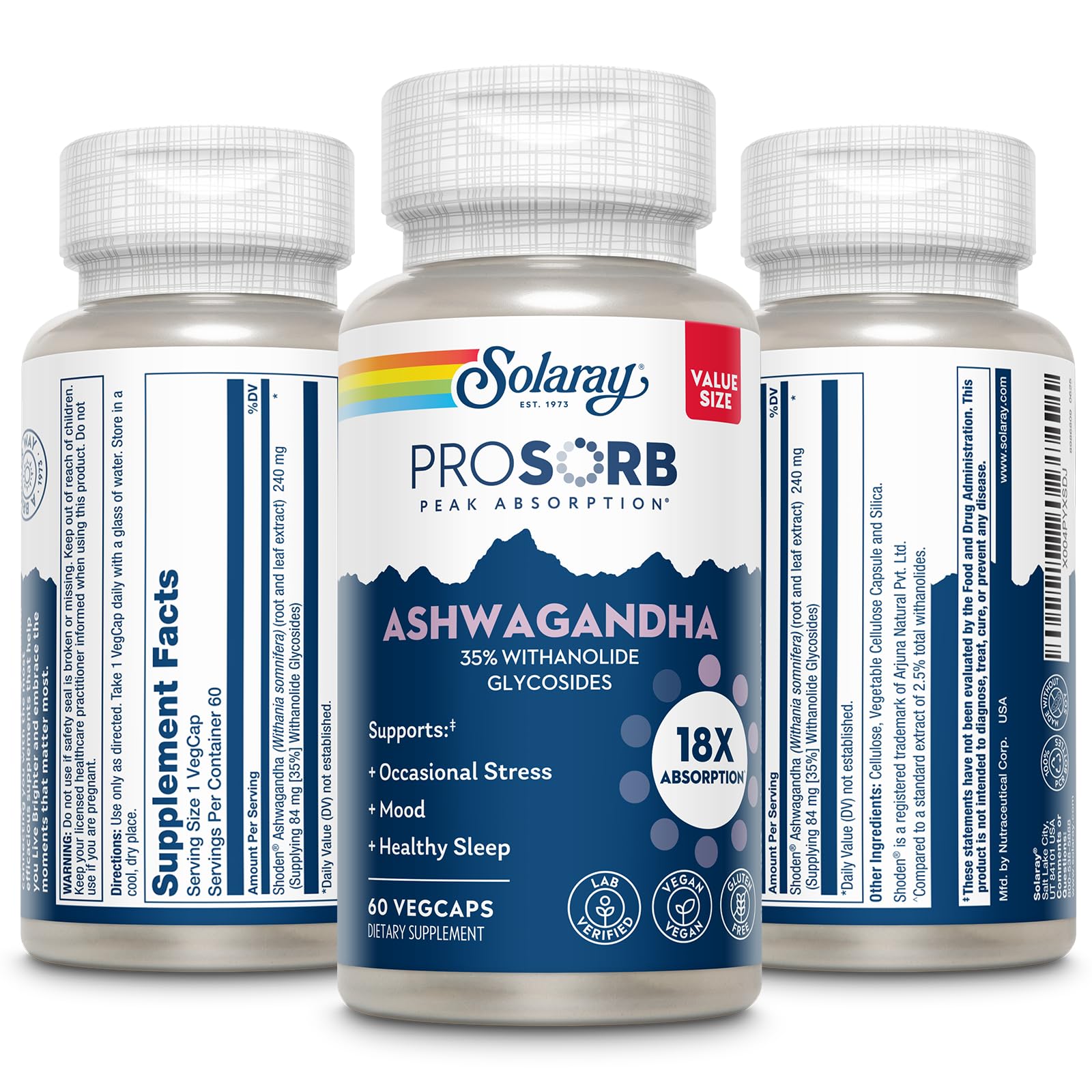 Capsules végétaliennes SOLARAY Ashwagandha adaptées aux végétaliens.