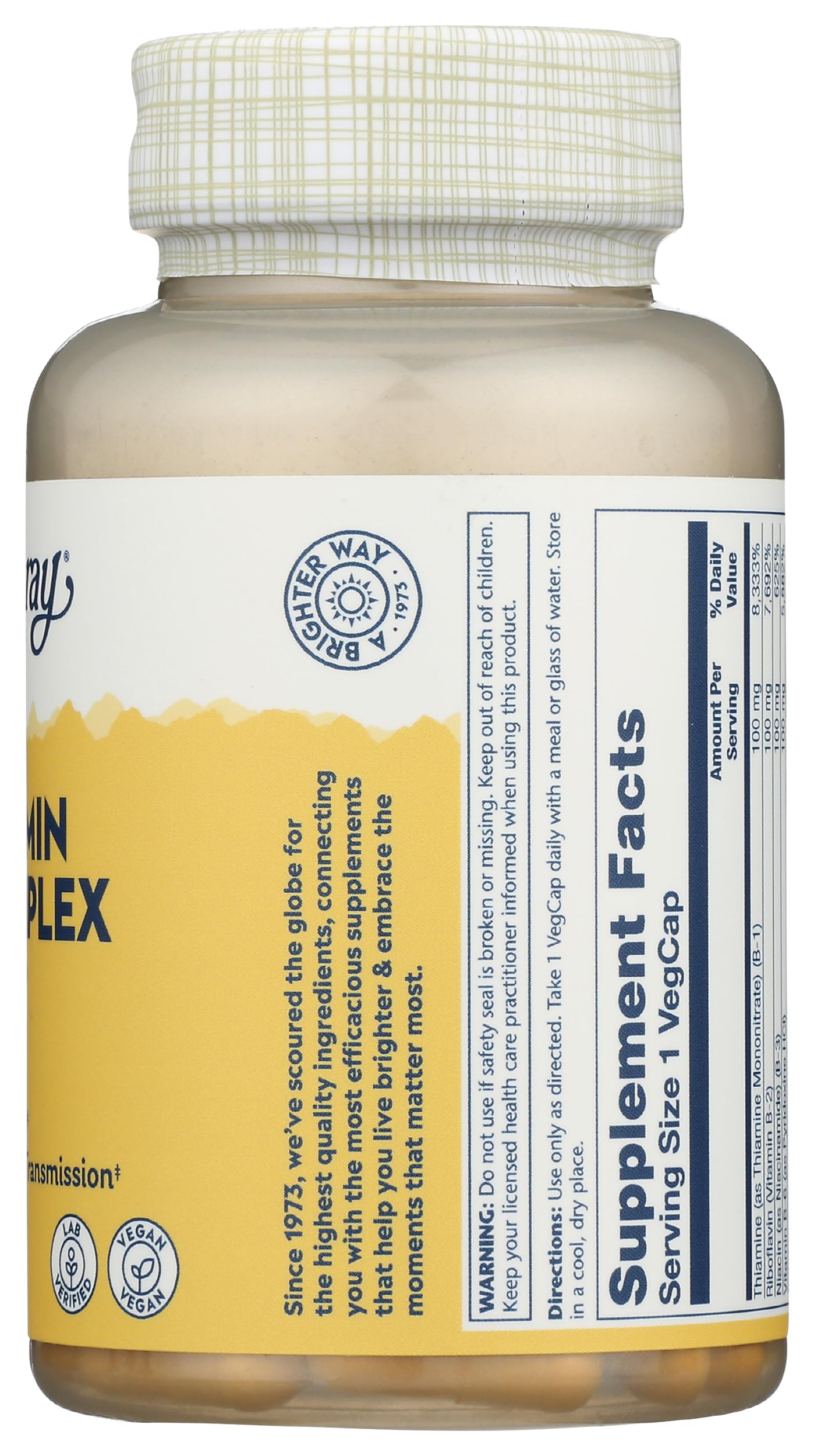 SOLARAY B-Complex 100 mg – bouteille dans la main, utilisation quotidienne pratique.