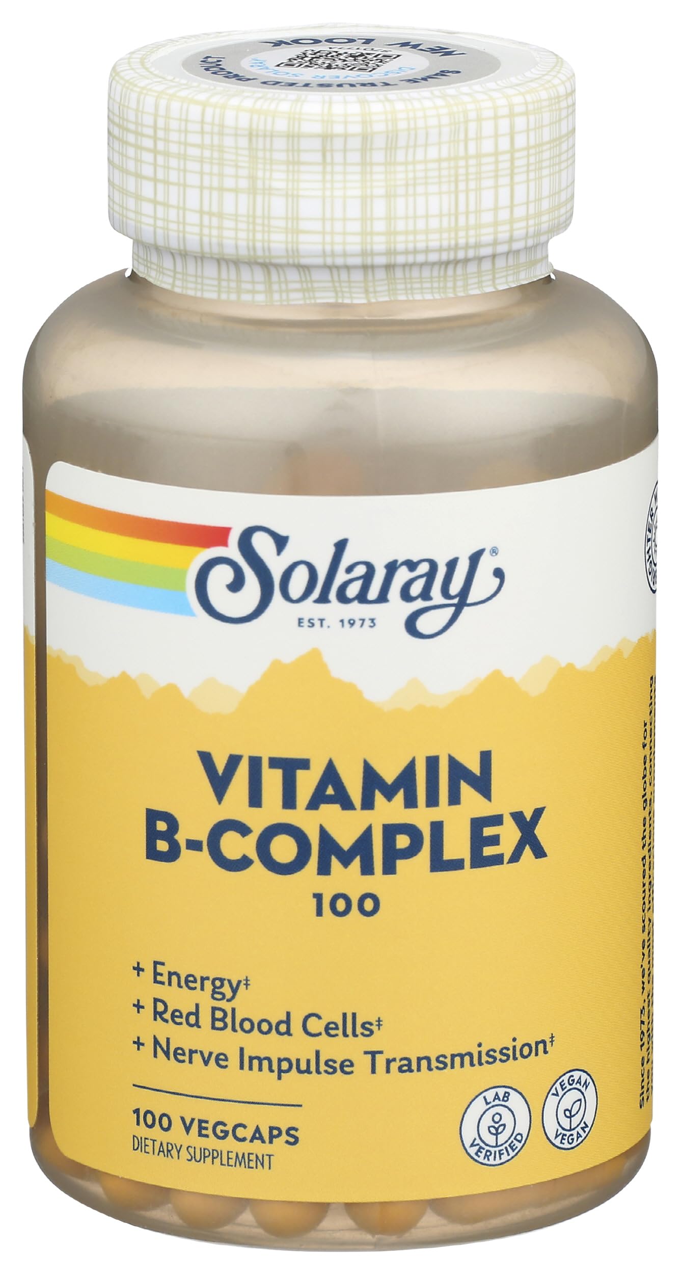 SOLARAY B-Complex 100 mg – bouteille recto, présentation complète pour le quotidien.
