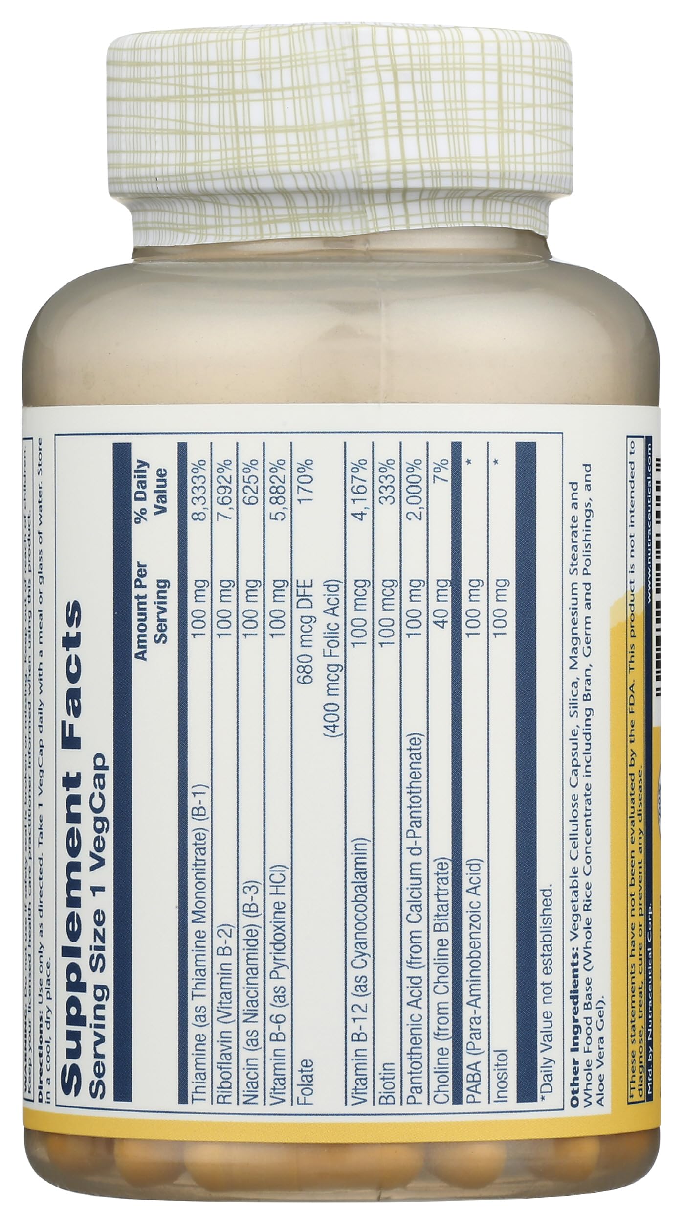 SOLARAY B-Complex 100 mg – bouteille verso, informations et dosage affichés.