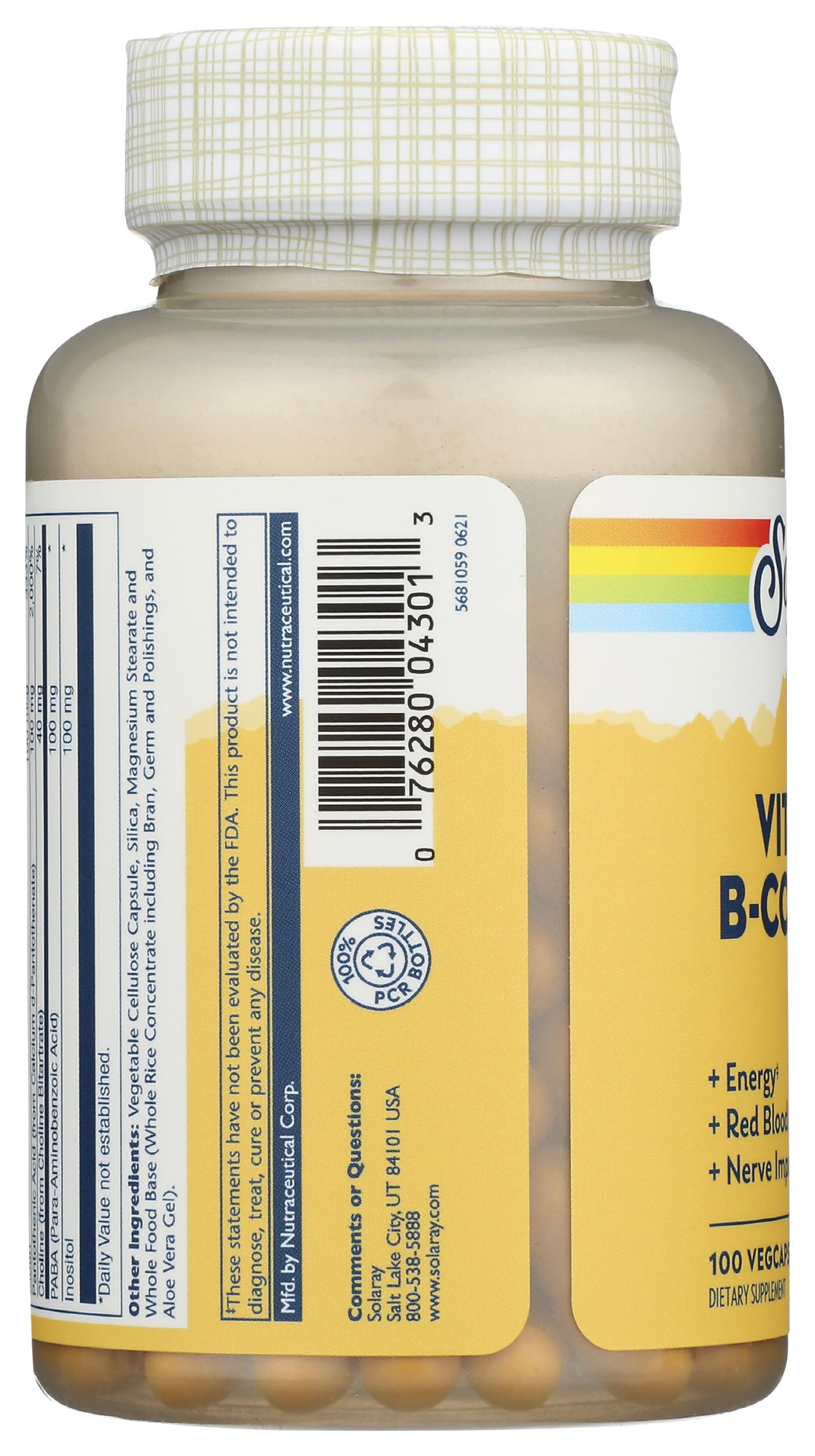 SOLARAY B-Complex 100 mg – emballage et étiquette, traçabilité et qualité visibles.