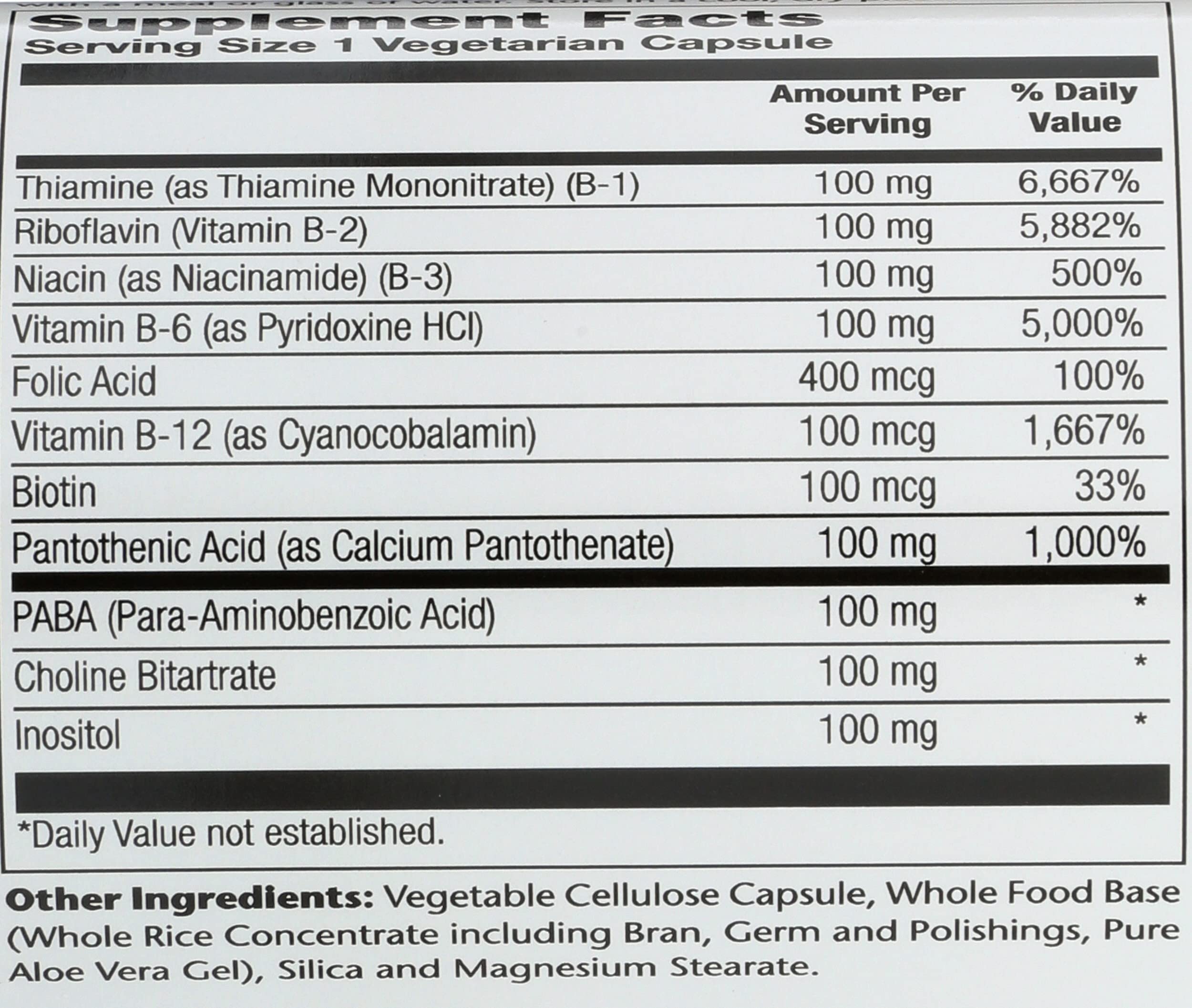 SOLARAY B-Complex 100 mg – tableau des ingrédients, points forts des vitamines B.