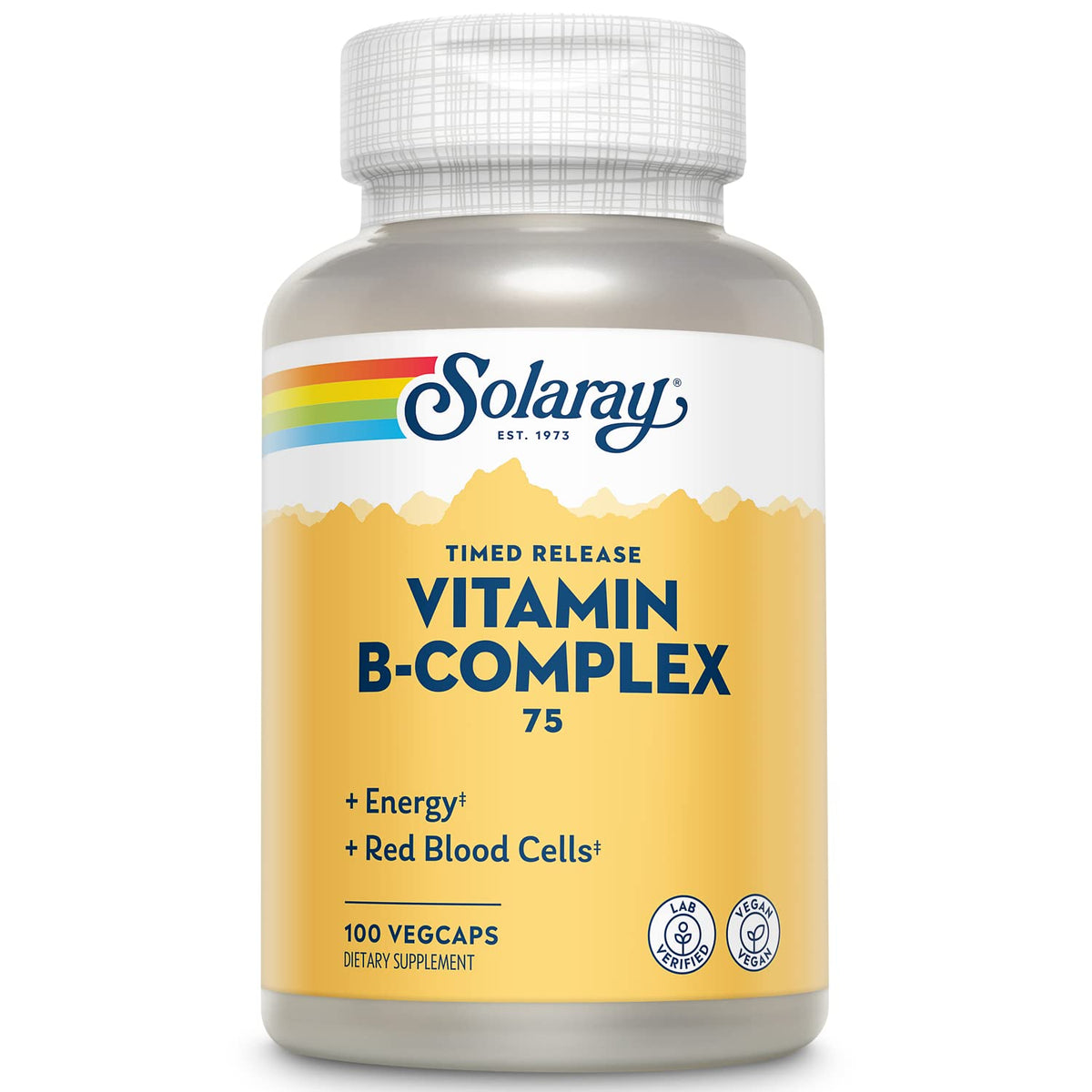 SOLARAY B-Complexe 75 mg : flacon libération temporisée en deux étapes pour disponibilité prolongée.