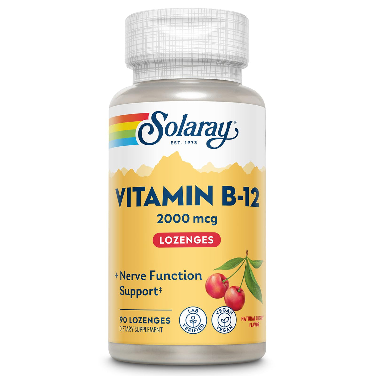 Gommes SOLARAY B12 cerise aromatisées, saveur naturelle et énergie potentielle.