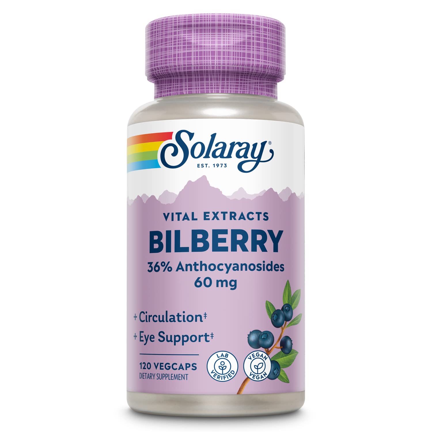 SOLARAY Bilberry Extrait – bouteille végétale montrant le soutien visuel potentiel.
