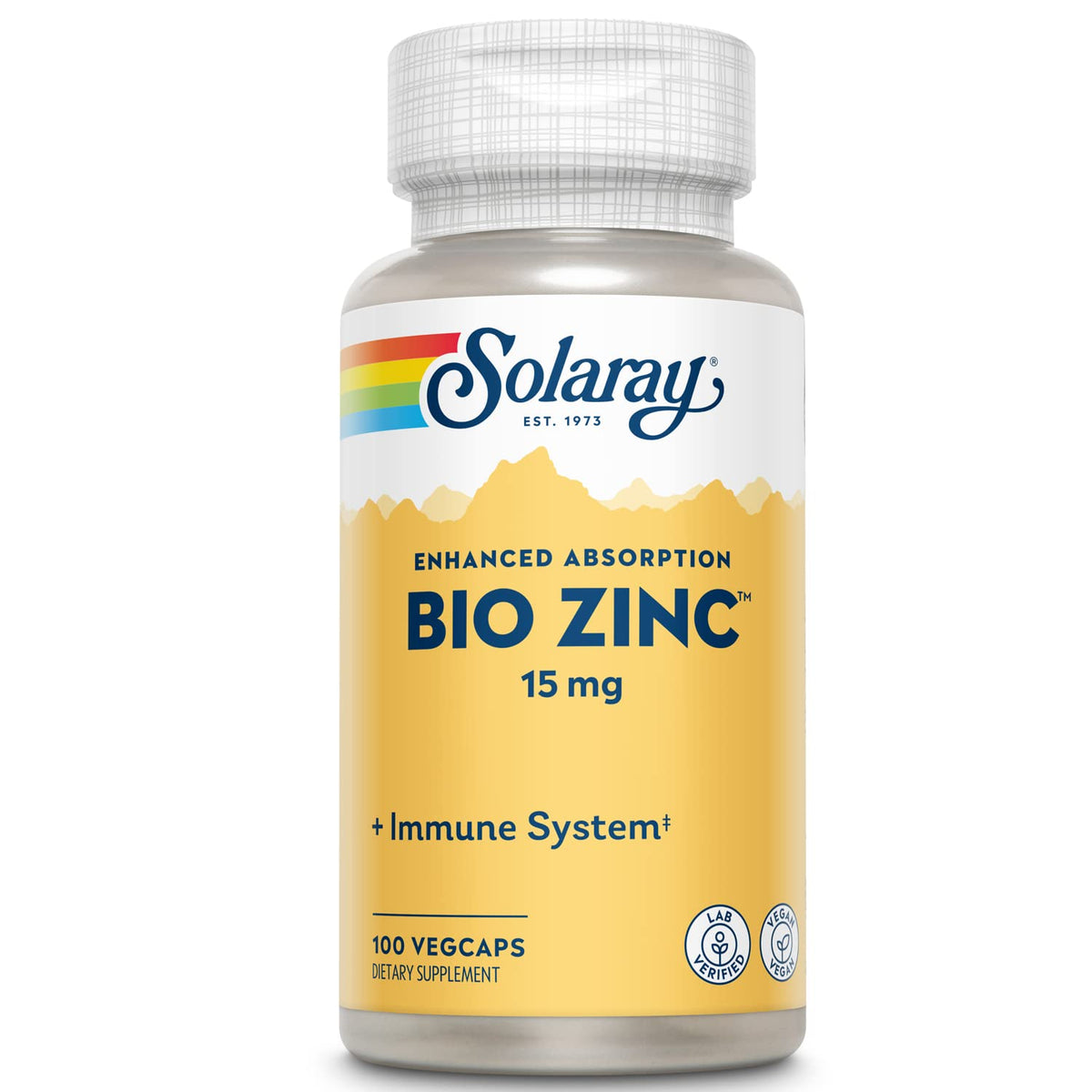 SOLARAY Bio Zinc 15 mg – boîte et étiquette visibles, pratique pour votre routine quotidienne.