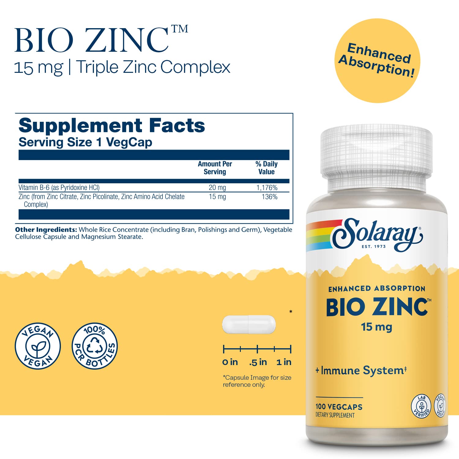SOLARAY Bio Zinc 15 mg – gélules faciles à avaler, intégration simple au rituel quotidien.