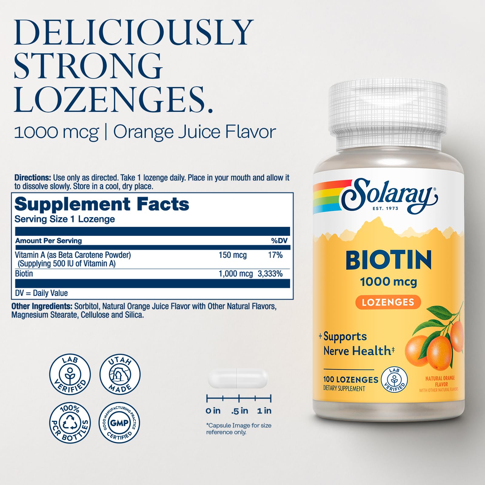 Pastilles SOLARAY Biotin goût orange, douceur utilisable au quotidien.