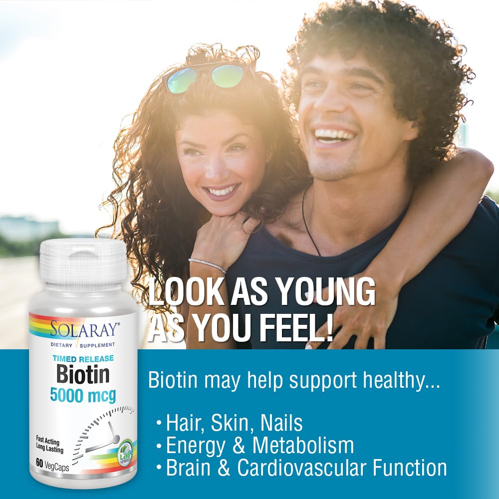 SOLARAY Biotine 5000 mcg, capsules sans gluten, confort quotidien.