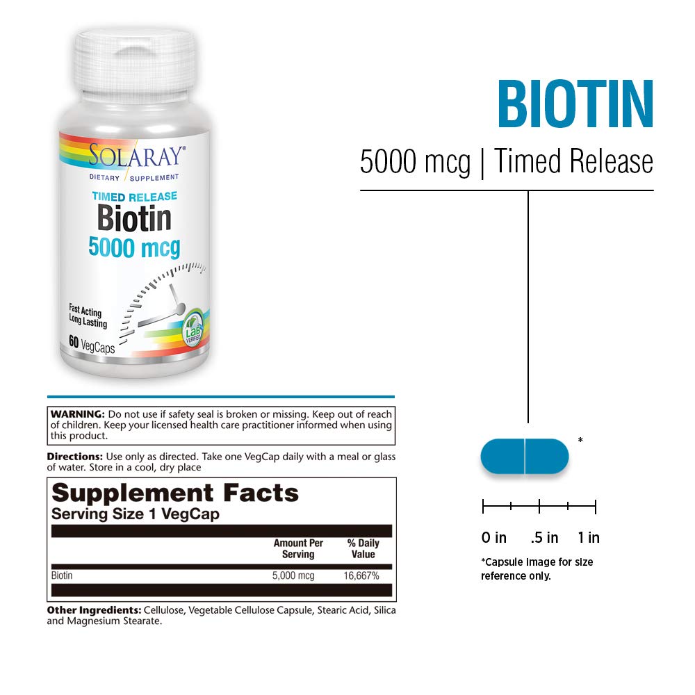 SOLARAY Biotine 5000 mcg, etiquette lisible, conformite vegan.