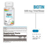 SOLARAY Biotine 5000 mcg, etiquette lisible, conformite vegan.