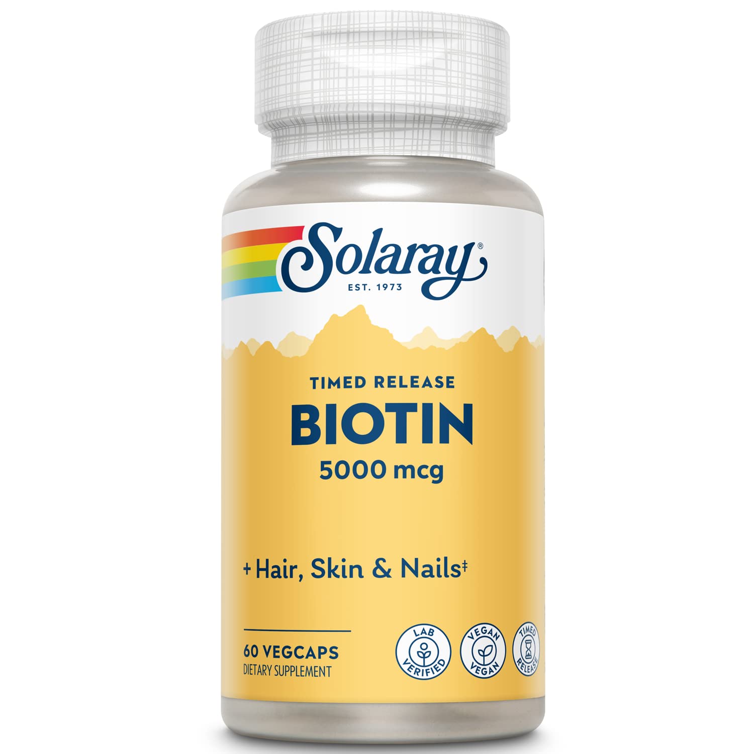 SOLARAY Biotine 5000 mcg, gélules délai 8h, absorption progressive pour énergie.