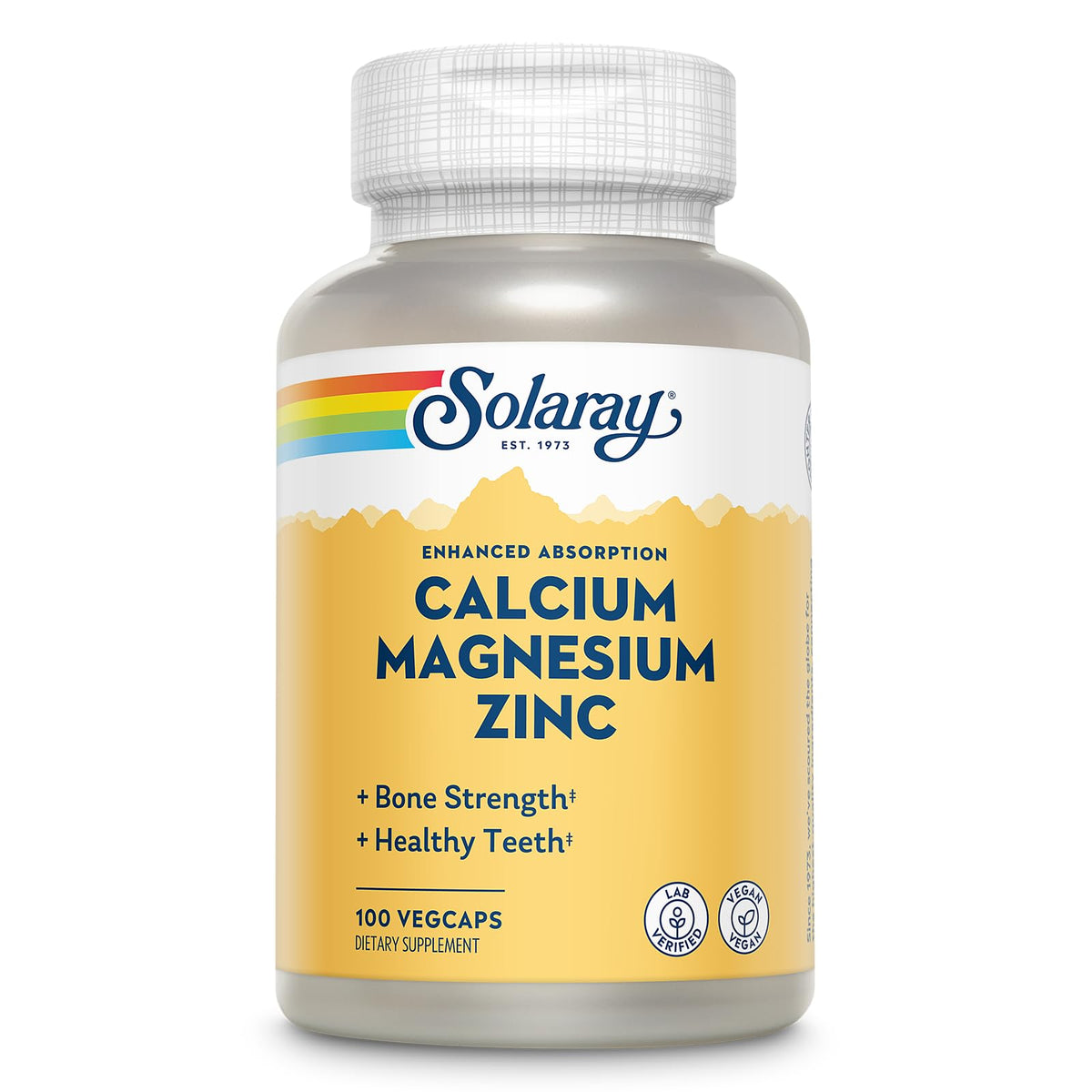SOLARAY Calcium Magnesium Zinc, bouteille, soutien des os et fonction musculaire.