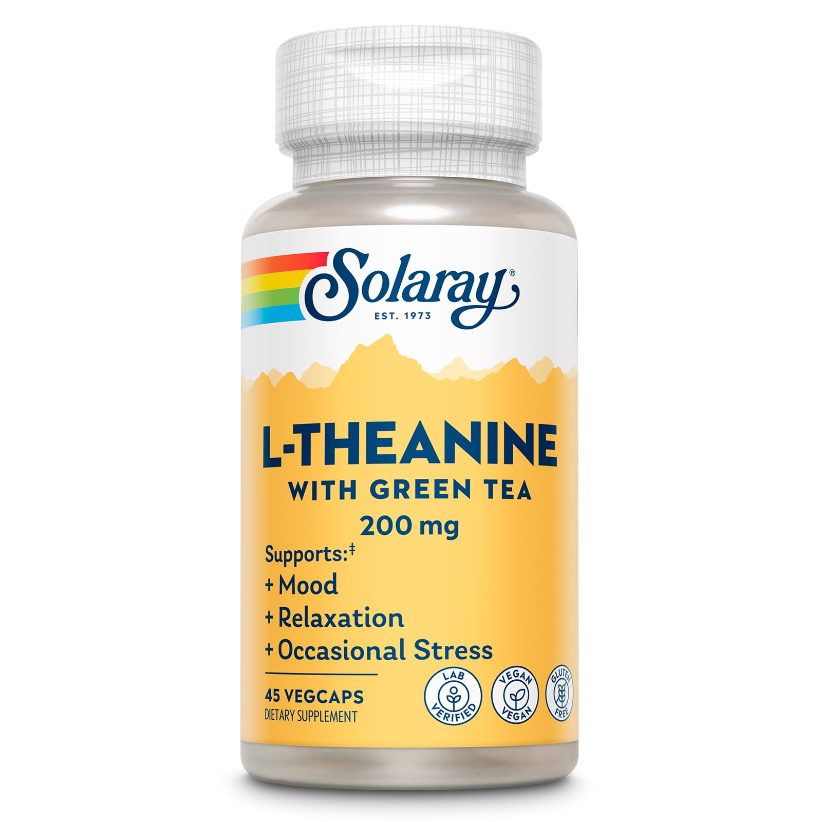 SOLARAY Bouteille L-Theanine 200 mg, pratique et favorise une détente douce.