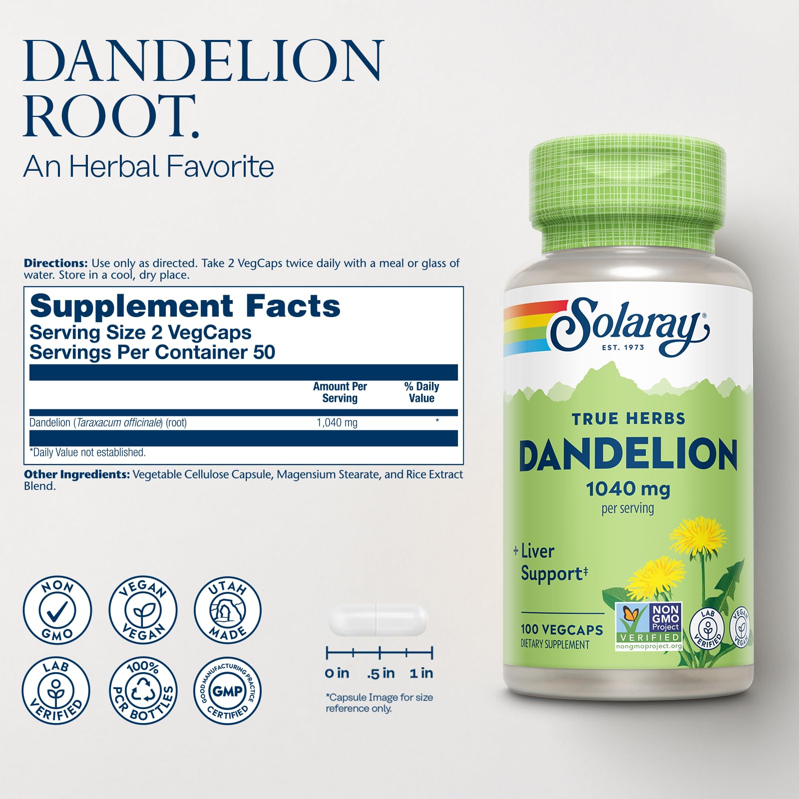 SOLARAY bouteille pissenlit capsules – présentation pratique pour routine quotidienne.