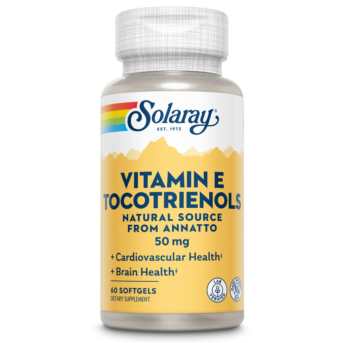 SOLARAY Vitamine E Tocotrienols 50mg: bouteille visible, soutien potentiel à la concentration.