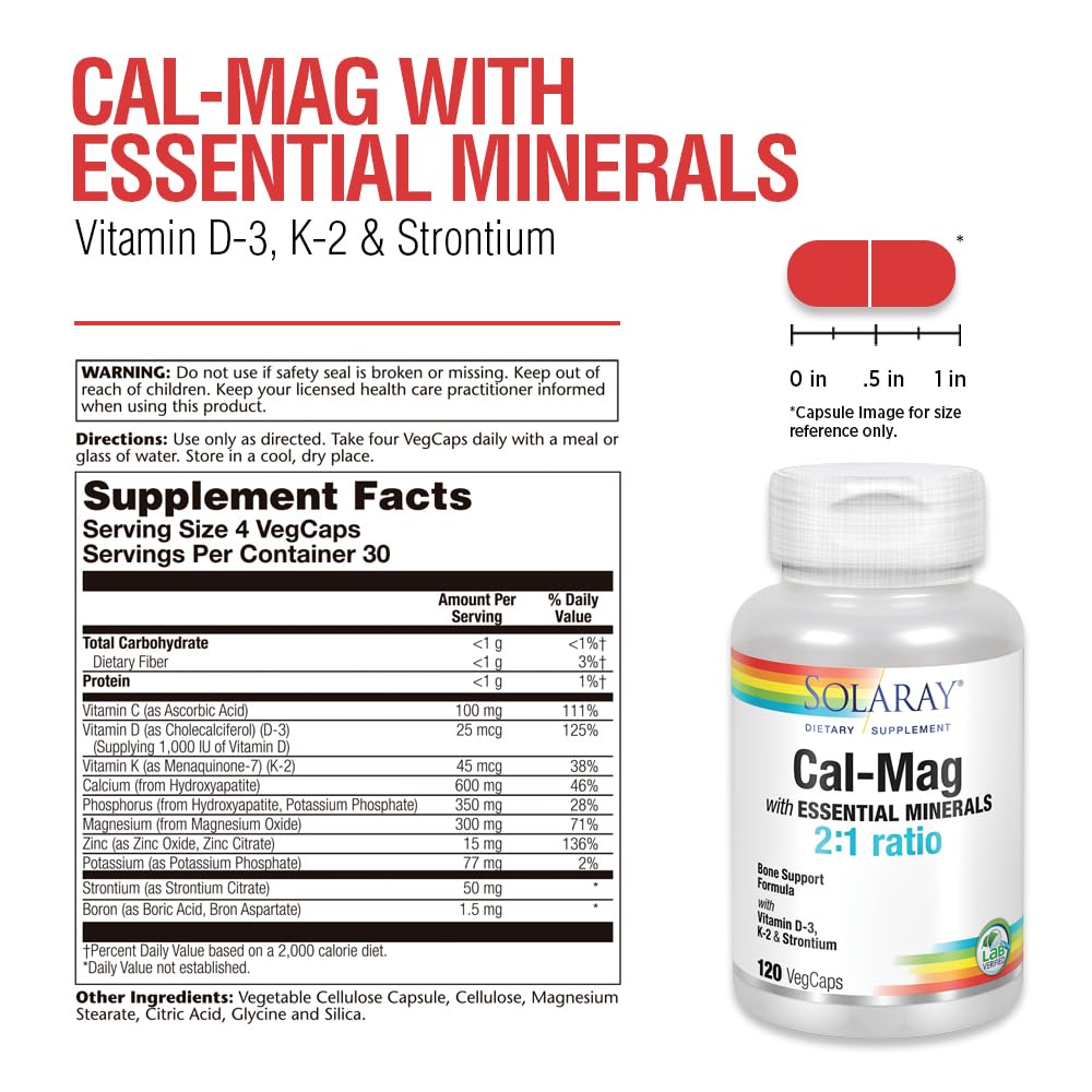 SOLARAY Cal-Mag – bouteille arrière, étiquette nutritionnelle détaillée pour les minéraux.