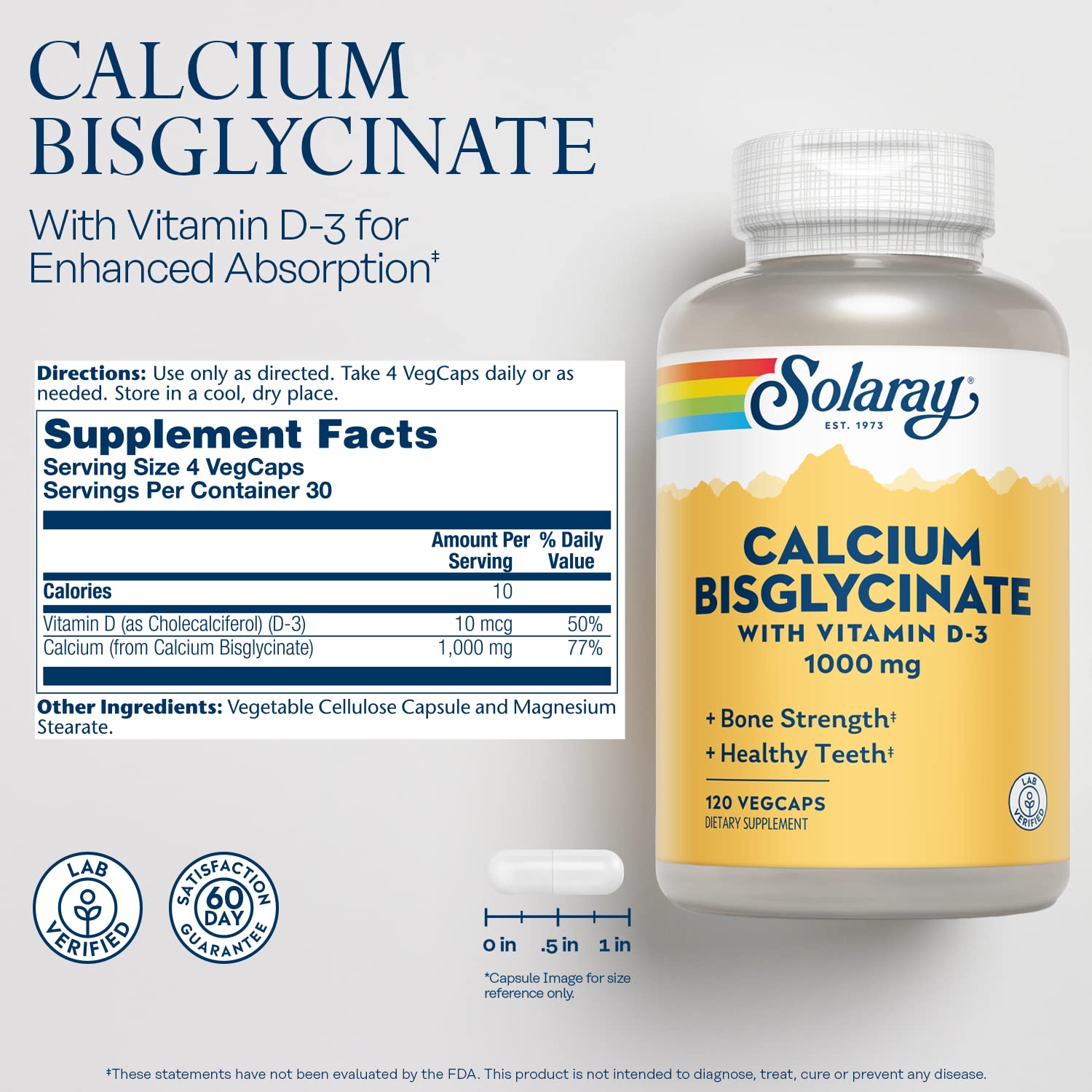 SOLARAY Calcium Bisglycinate 1000 mg - gélules faciles à digérer pour l’assimilation.