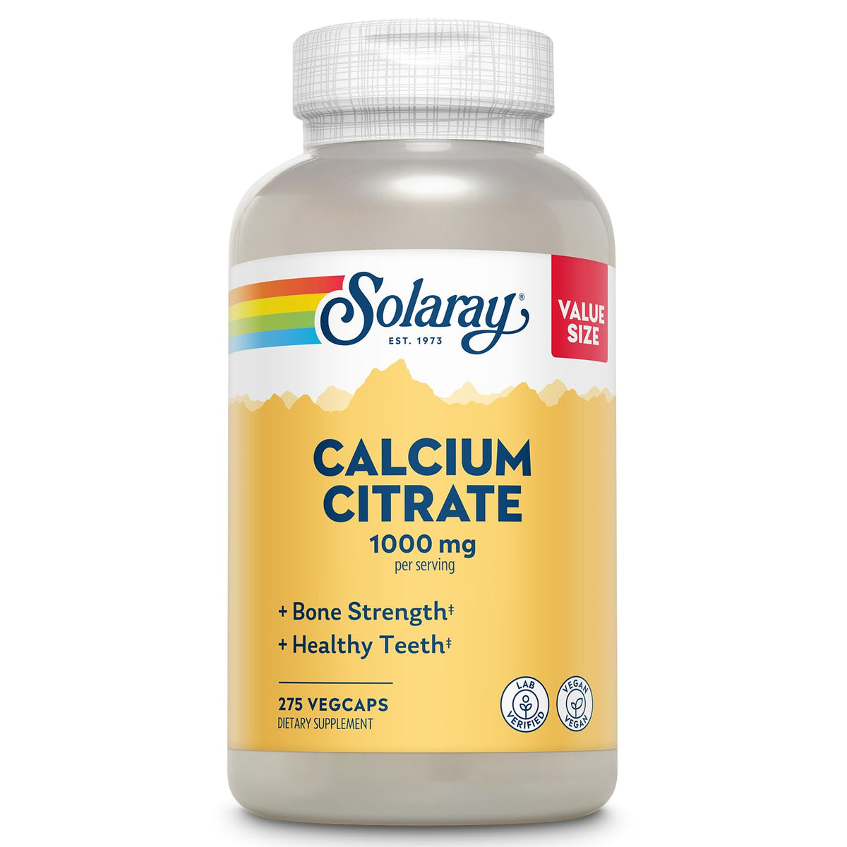 Flacon Solaray Calcium Citrate 1000mg pour soutenir os et dents en douceur