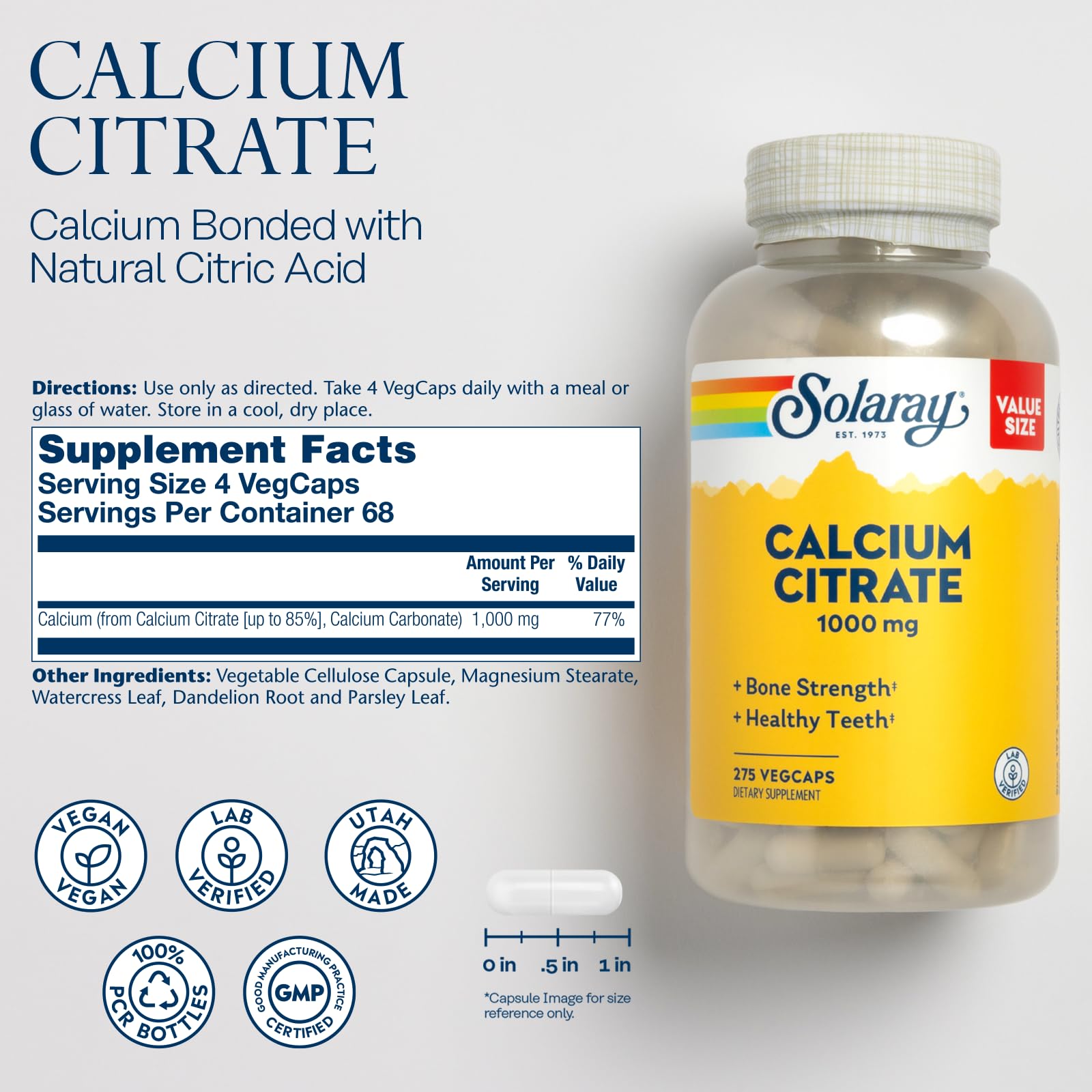Capsules vertes Solaray Calcium Citrate 1000mg facilitant digestion légère et absorption