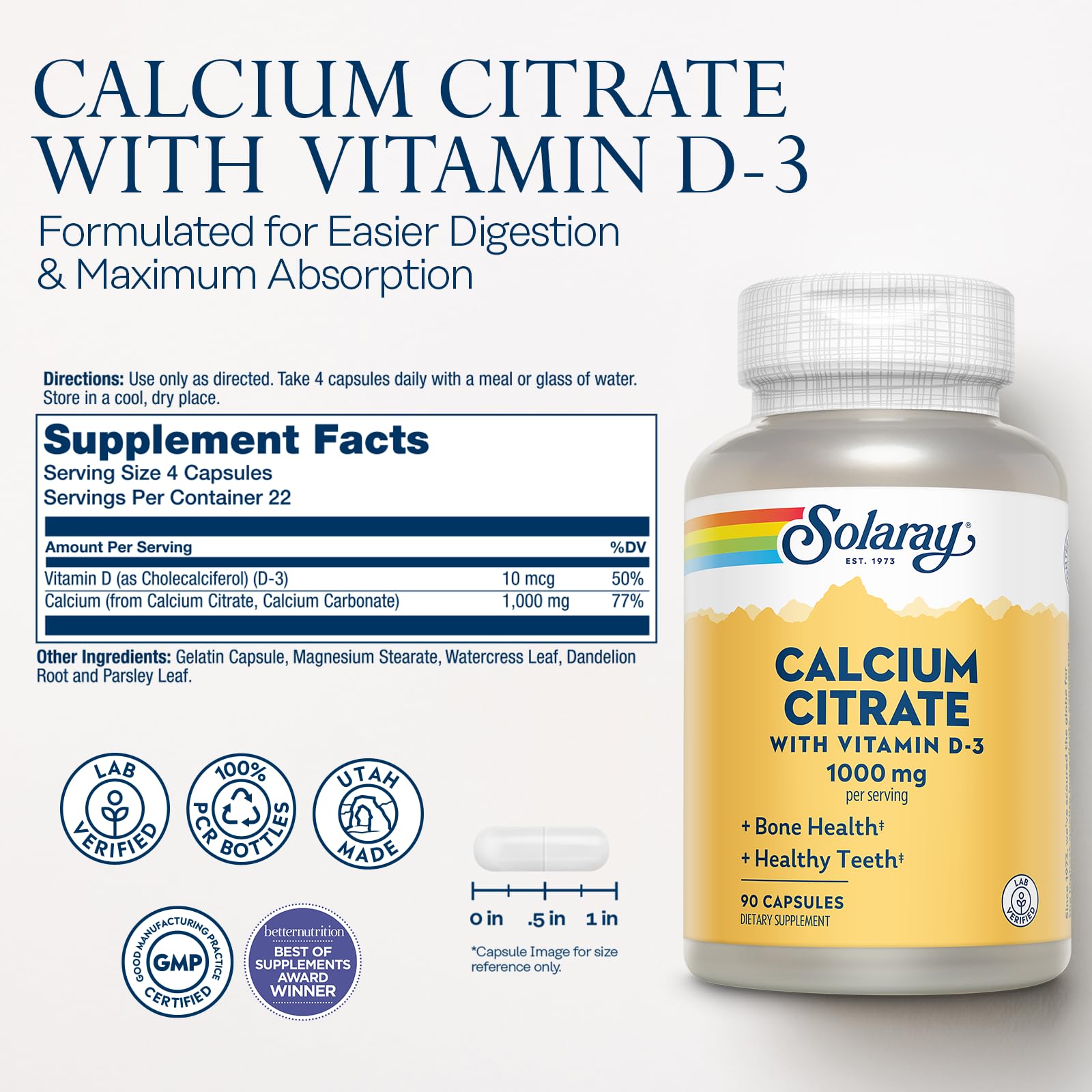 Capsules SOLARAY Calcium Citrate D3 faciles à avaler pour absorption potentielle.