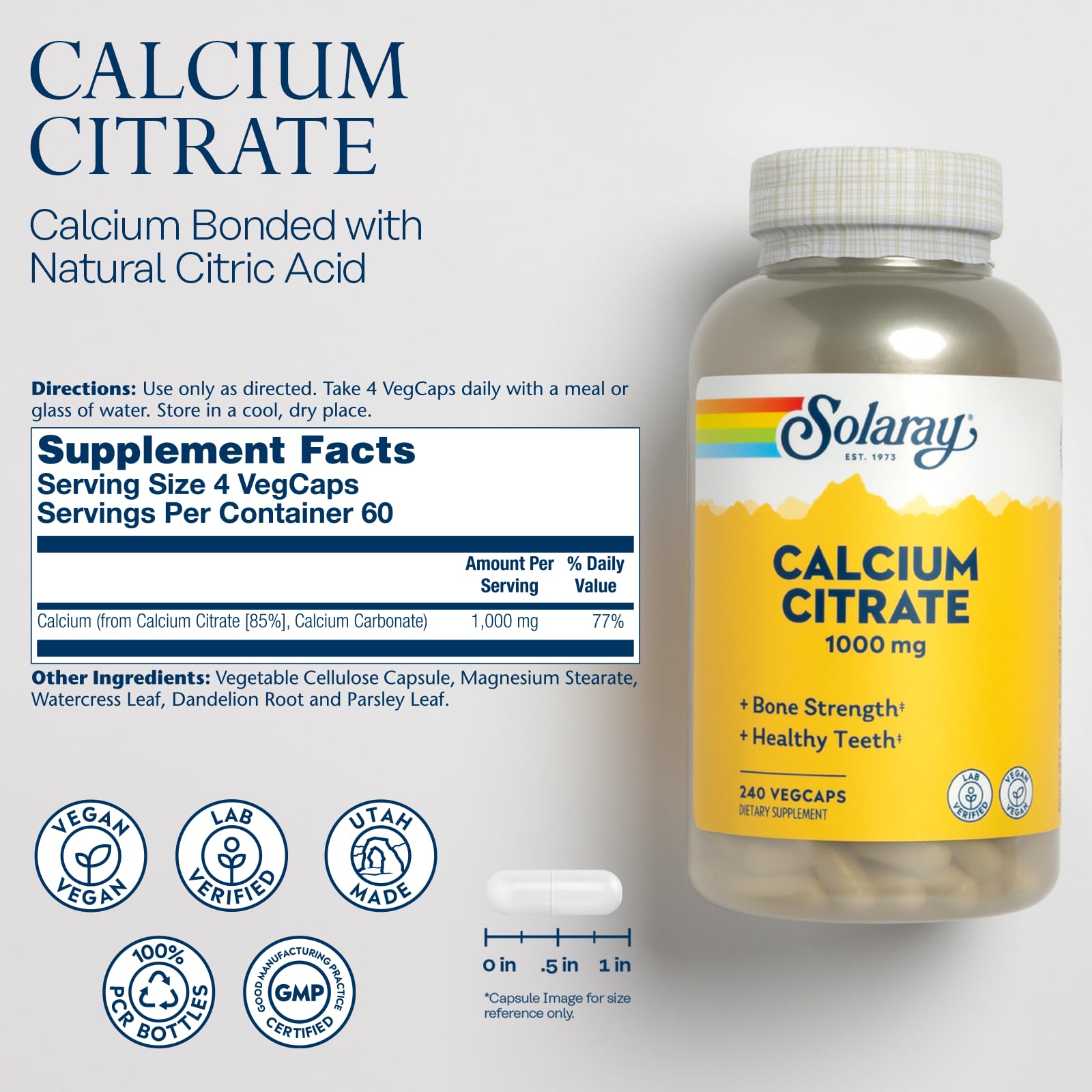 Solaray Calcium Citrate – gélules véganes faciles à digérer.