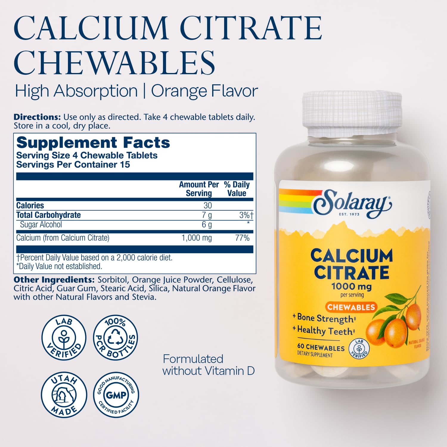 SOLARAY calcium citrate orange, pastilles à mâcher, absorption potentielle.