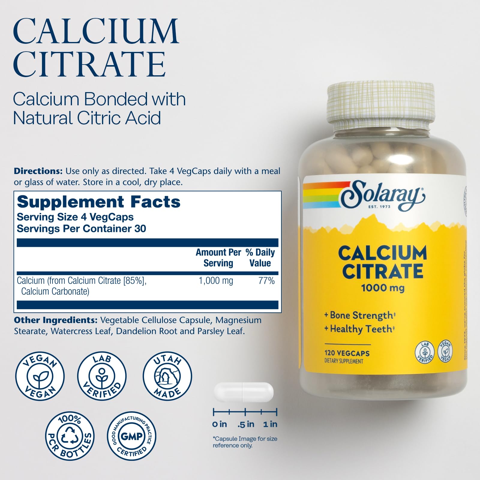 SOLARAY Calcium Citrate – capsules vegan, digestion douce