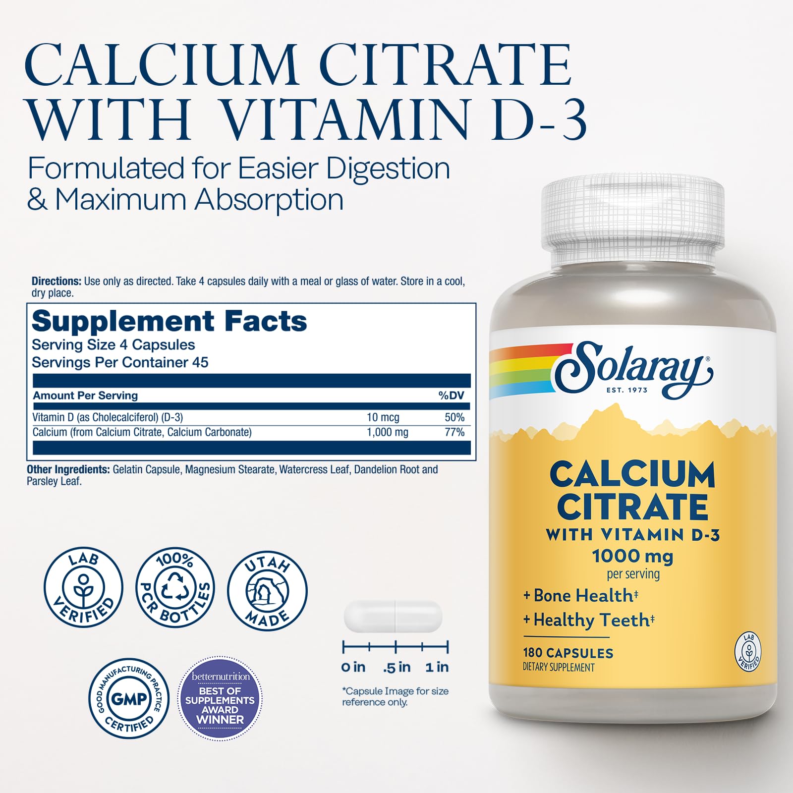 SOLARAY Calcium citrate D3 - Gélules: absorption améliorée et digestion douce.