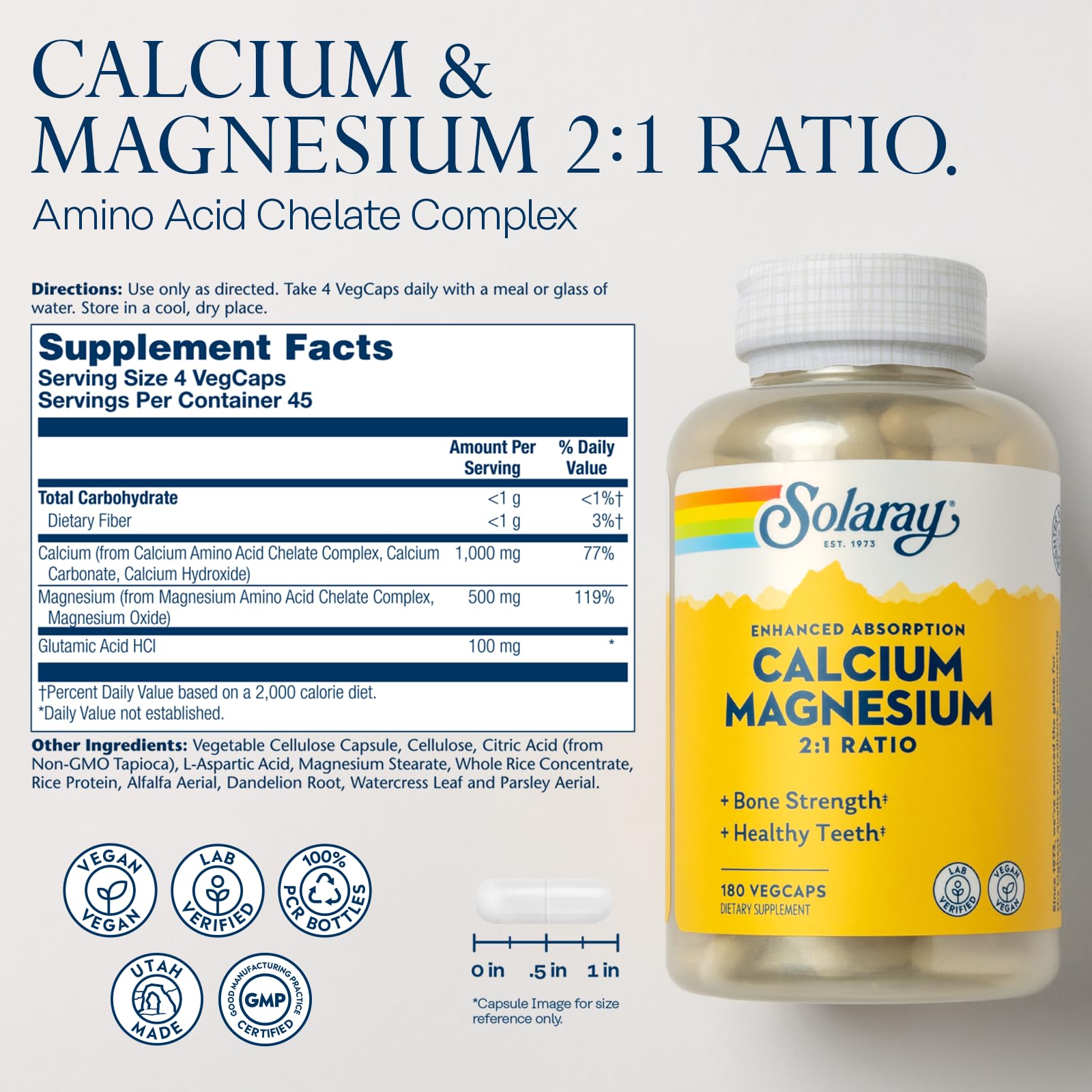 SOLARAY Calcium et Magnésium – capsules végétales prêtes à l’utilisation pour les os