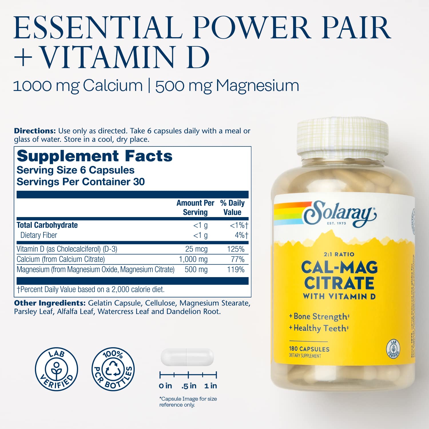 SOLARAY Calcium & Magnesium Citrate: étiquette détaillée affichant le ratio 2:1.