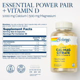 SOLARAY Calcium & Magnesium Citrate: étiquette détaillée affichant le ratio 2:1.