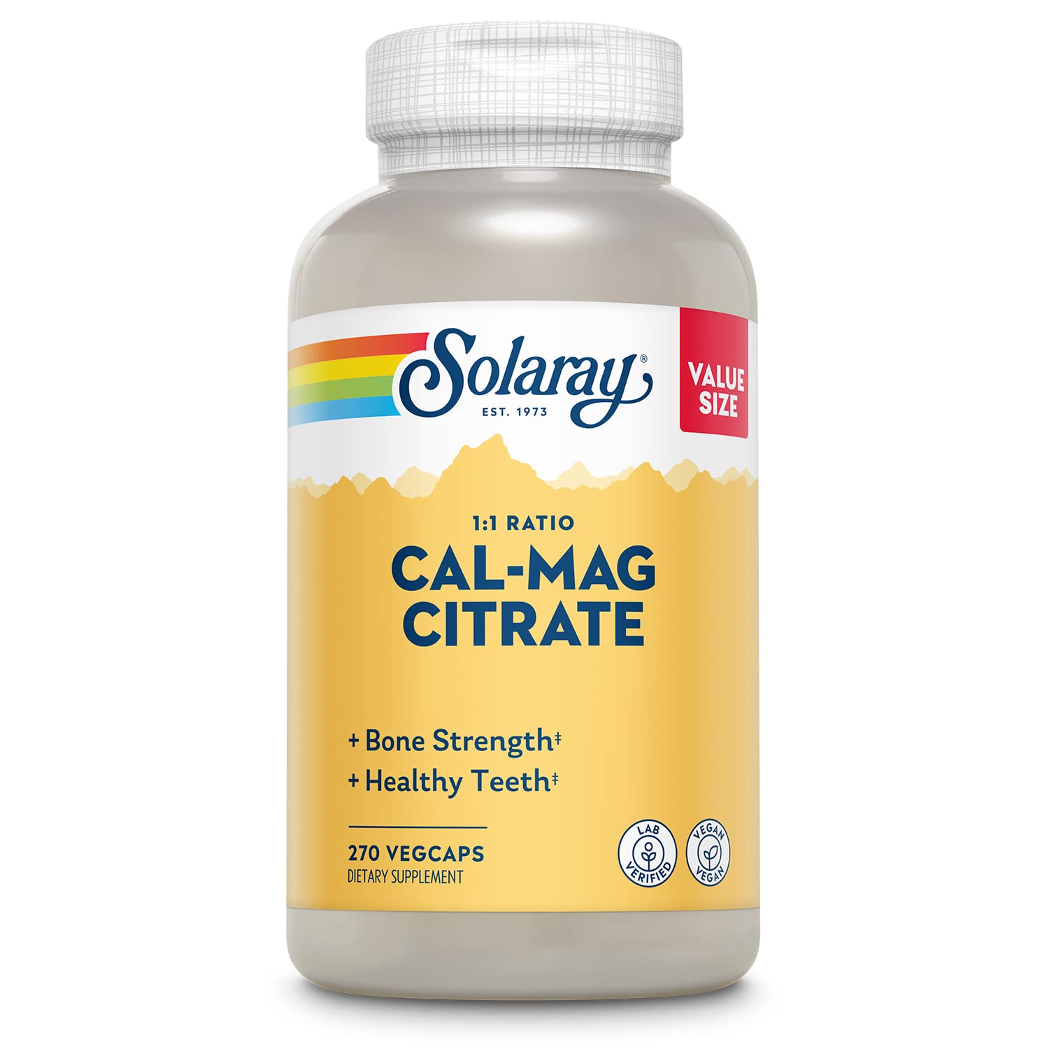 SOLARAY Calcium Magnesium Citrate: bouteille avec capsules véganes, soutien osseux potentiel et digestion douce.