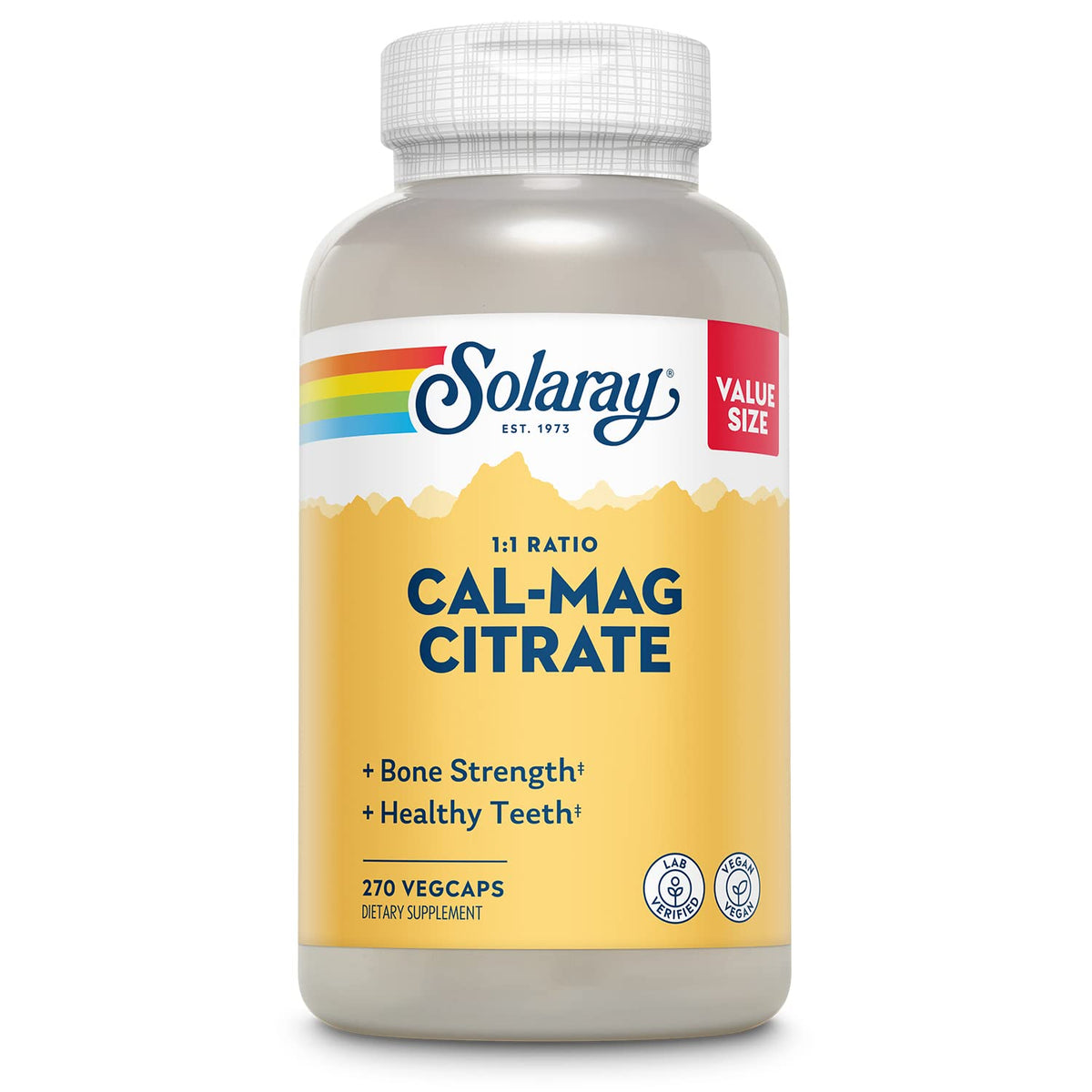 SOLARAY Calcium Magnesium Citrate: bouteille avec capsules véganes, soutien osseux potentiel et digestion douce.