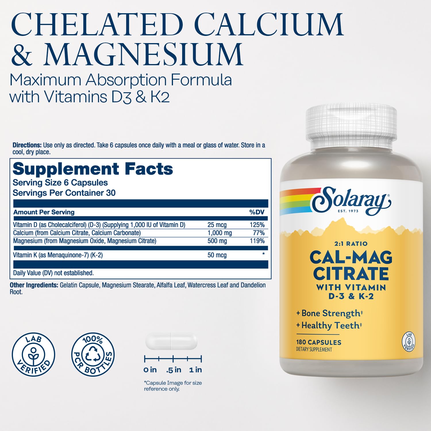 Étiquette SOLARAY indiquant ratio 2:1 calcium/magnésium pour équilibre potentiel.