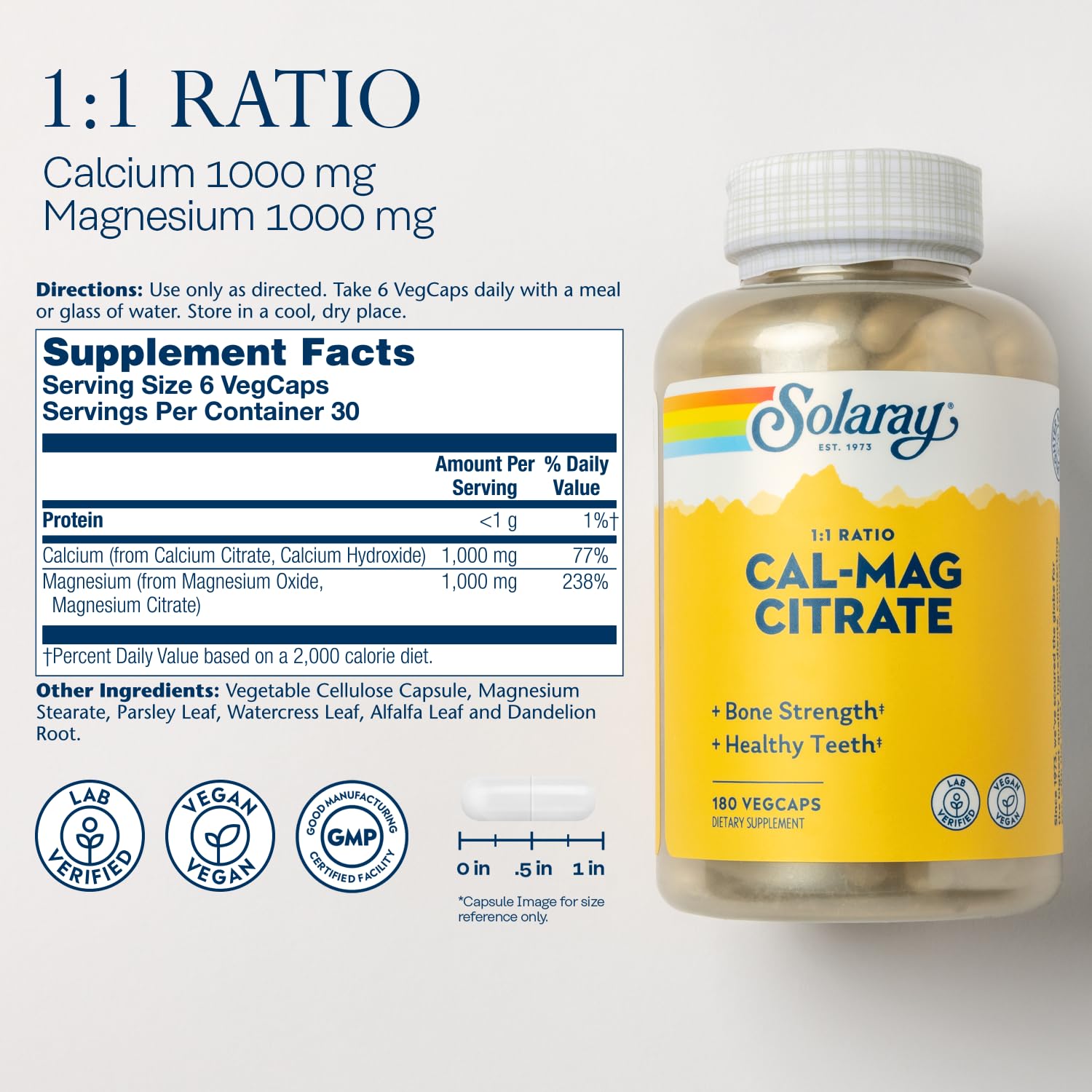 Gélules SOLARAY Calcium Magnésium Citrate – absorption potentielle et digestion douce.