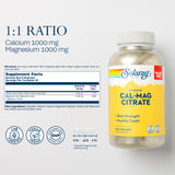 SOLARAY Calcium Magnesium Citrate: graphique ratio 1:1, soutien musculaire et nerveux potentiel.