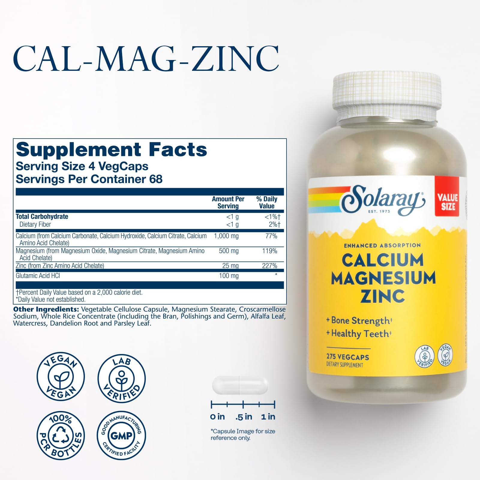 SOLARAY Calcium Magnesium Zinc - capsules pour le soutien musculaire et le métabolisme