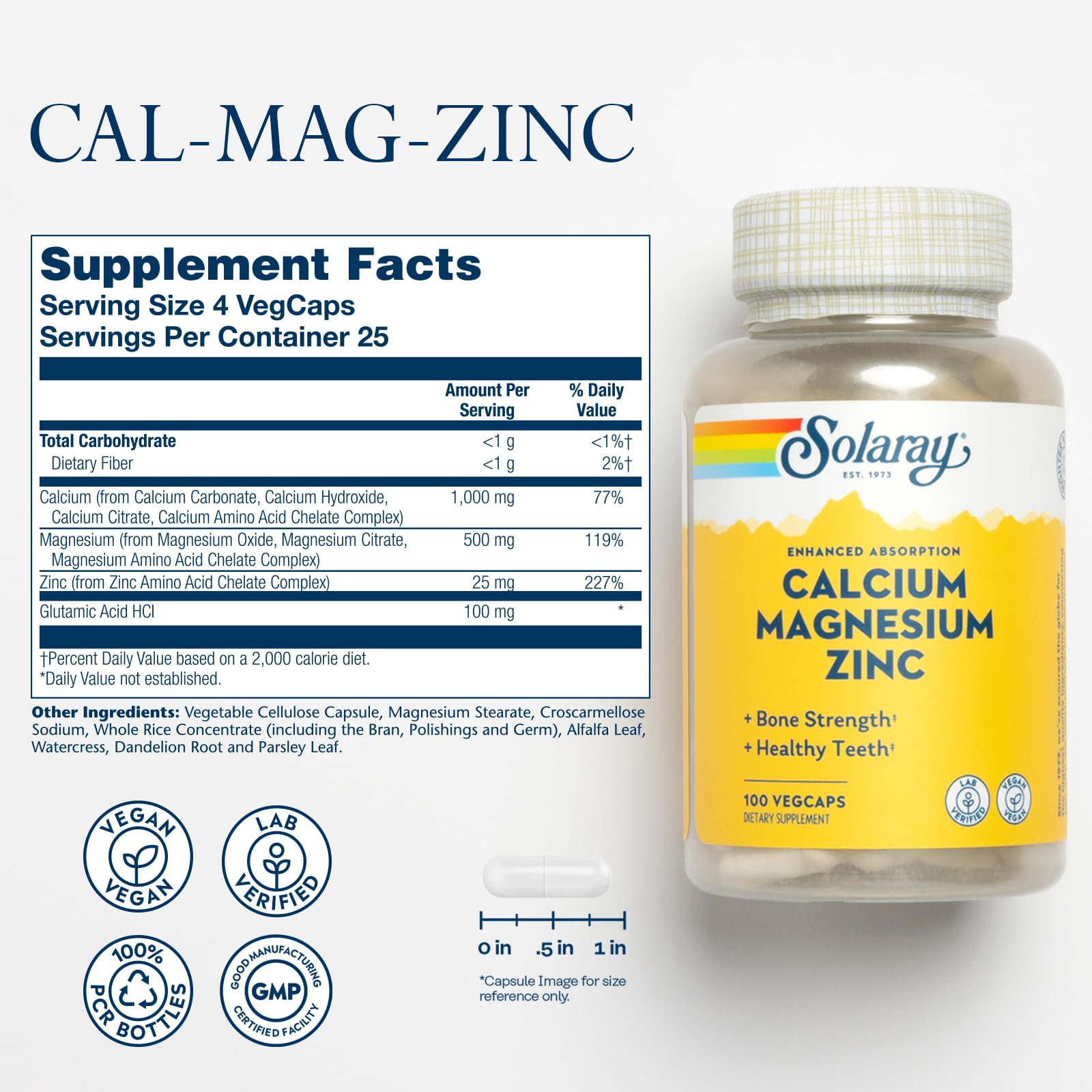 SOLARAY Calcium Magnesium Zinc, capsules, absorption optimale des minéraux.