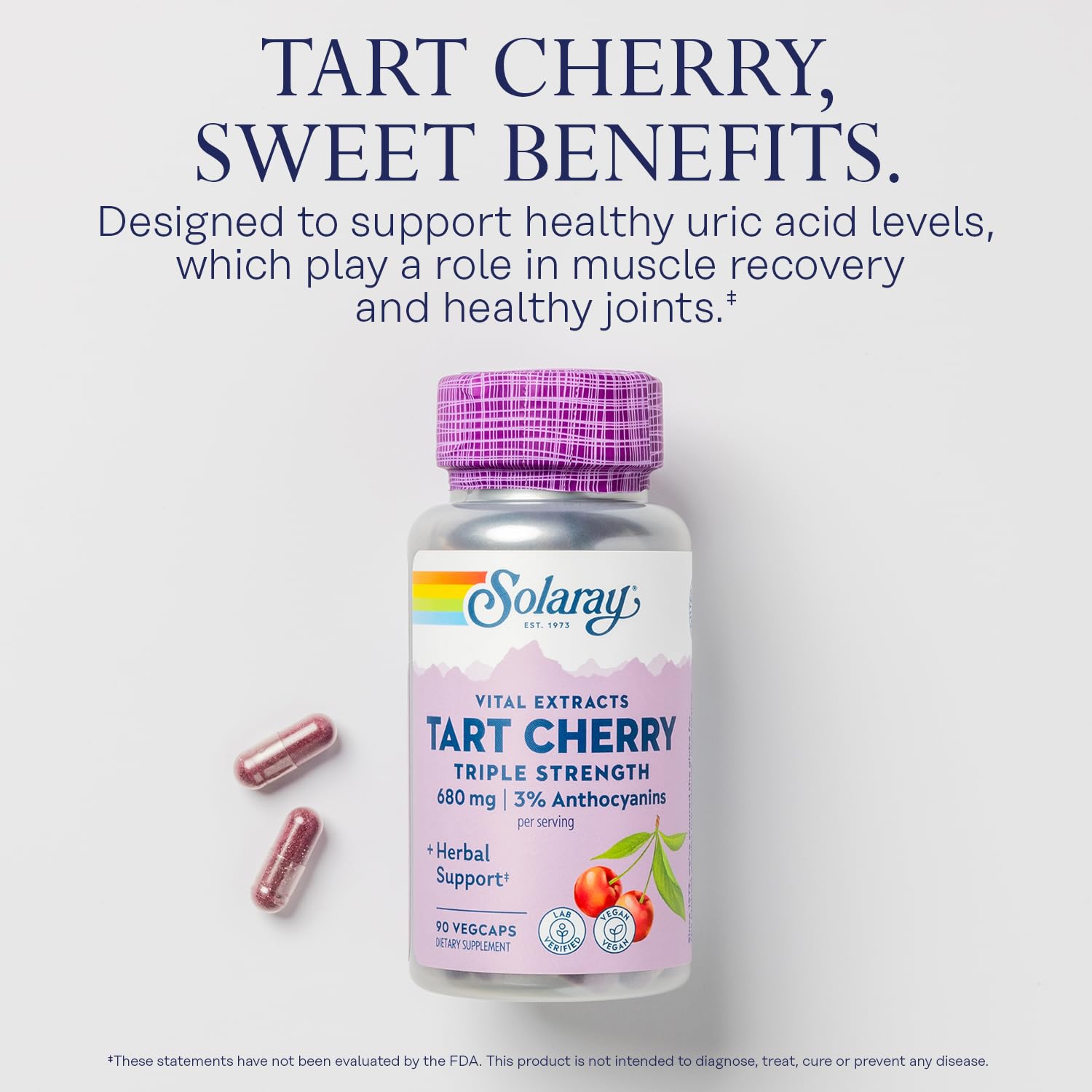 SOLARAY Capsules cerise aigre, formulation vegan pour récupération musculaire.