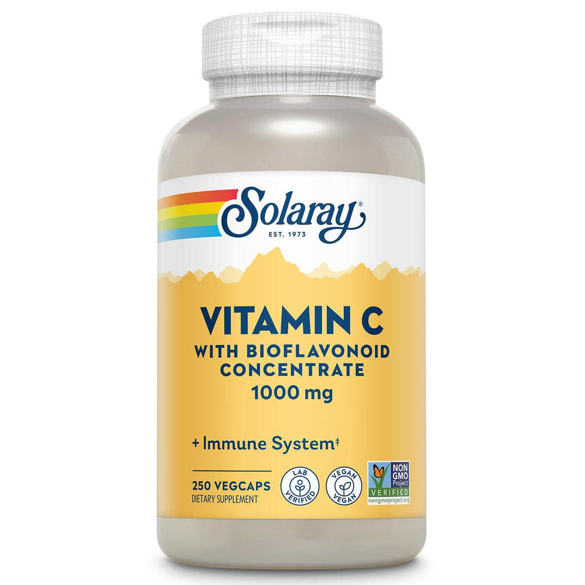 SOLARAY gélules vitamine C 1000 mg avec bioflavonoïdes pour un soutien immunitaire potentiel.