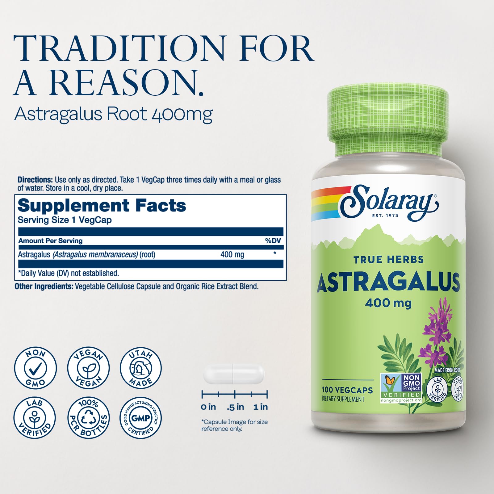 Capsules végétales SOLARAY d'astragale faciles à avaler.