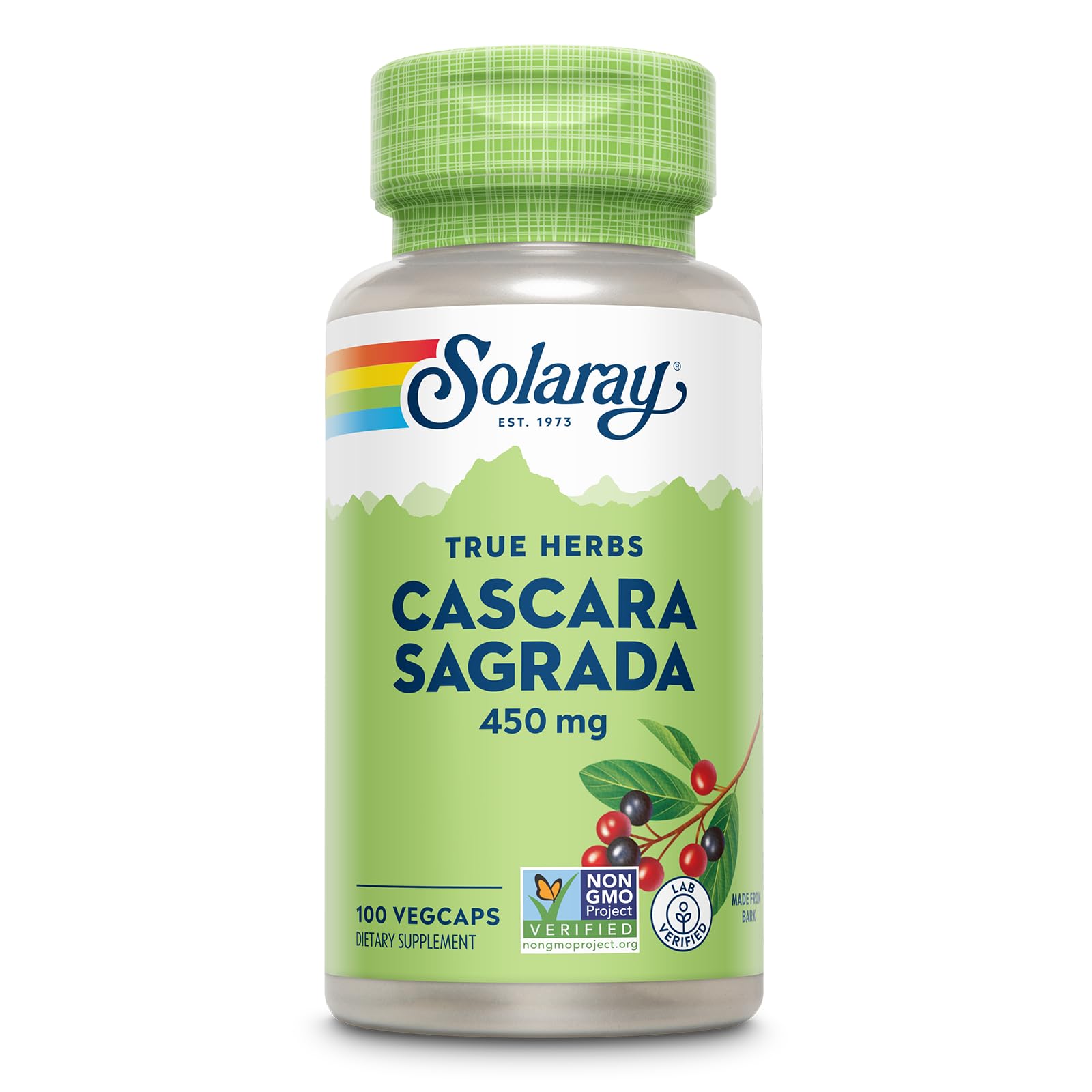 SOLARAY Cascara Sagrada 450 mg: bouteille de gélules véganes faciles à prendre.