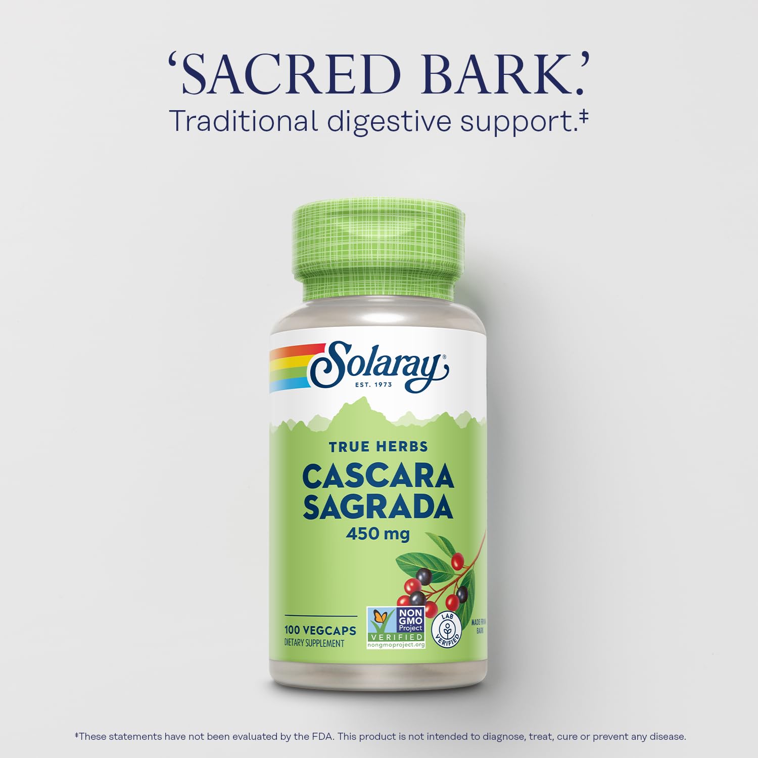SOLARAY Cascara Sagrada 450 mg: emballage en résine recyclée post-consommation.