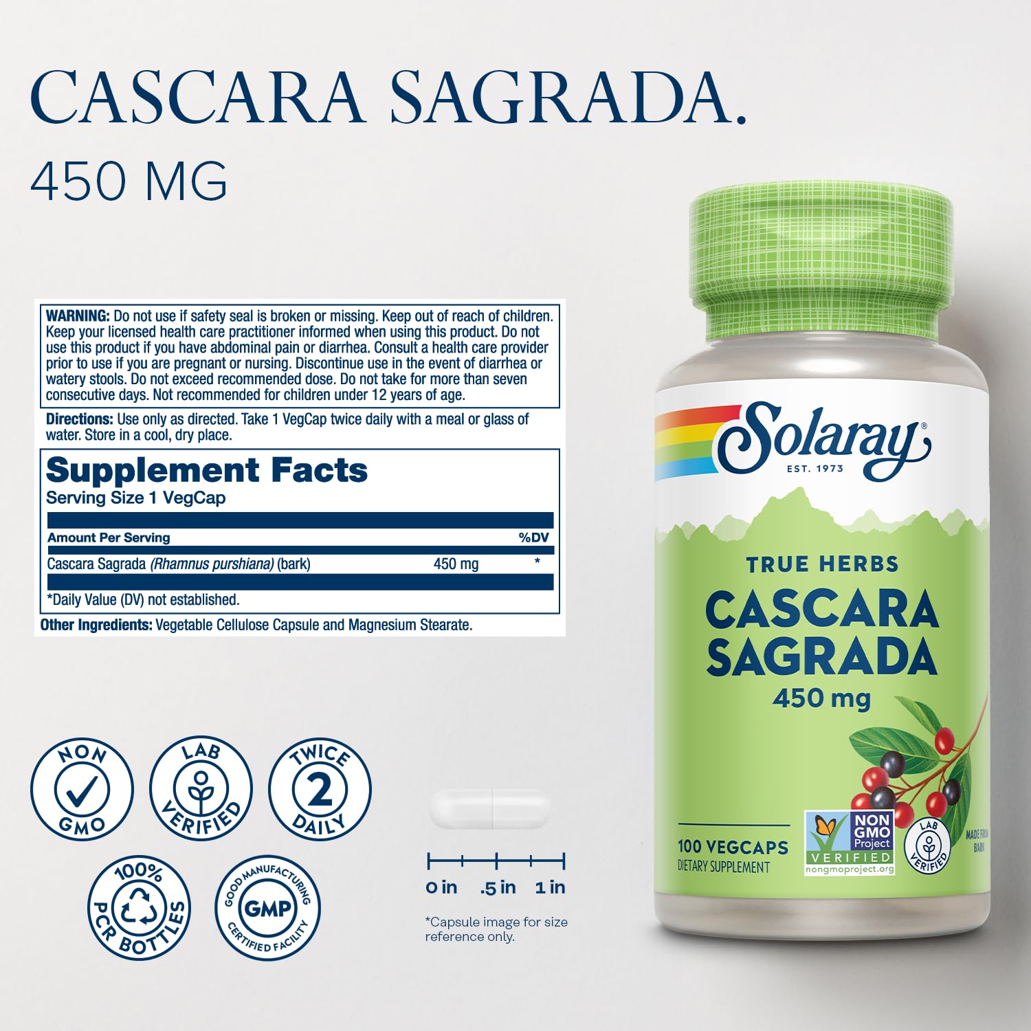 SOLARAY Cascara Sagrada 450 mg: gelules véganes pratiques pour le quotidien.