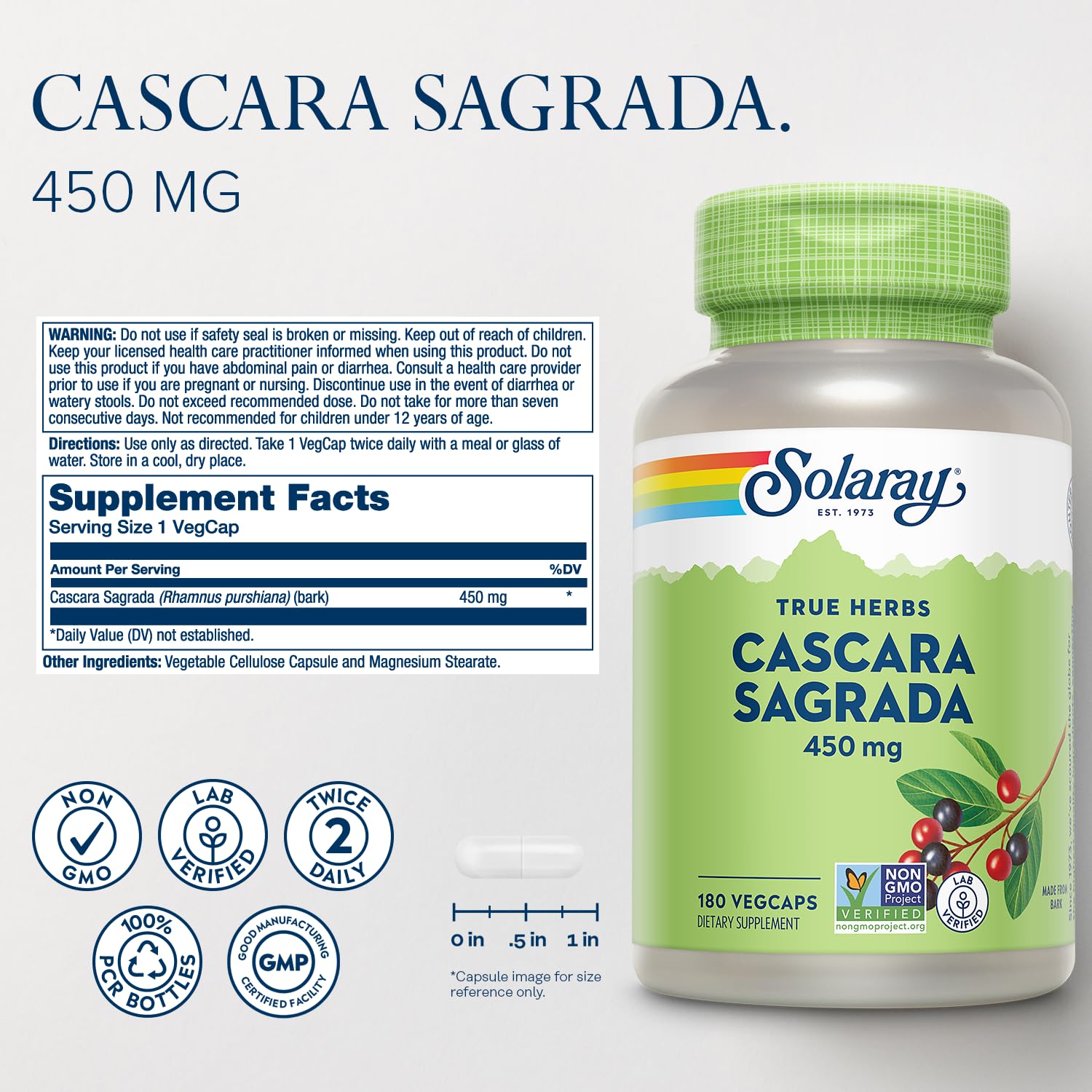 Bouteille SOLARAY Cascara Sagrada, 180 capsules végétales, pratique à emporter.