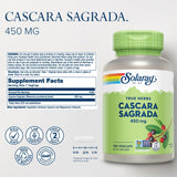 Bouteille SOLARAY Cascara Sagrada, 180 capsules végétales, pratique à emporter.