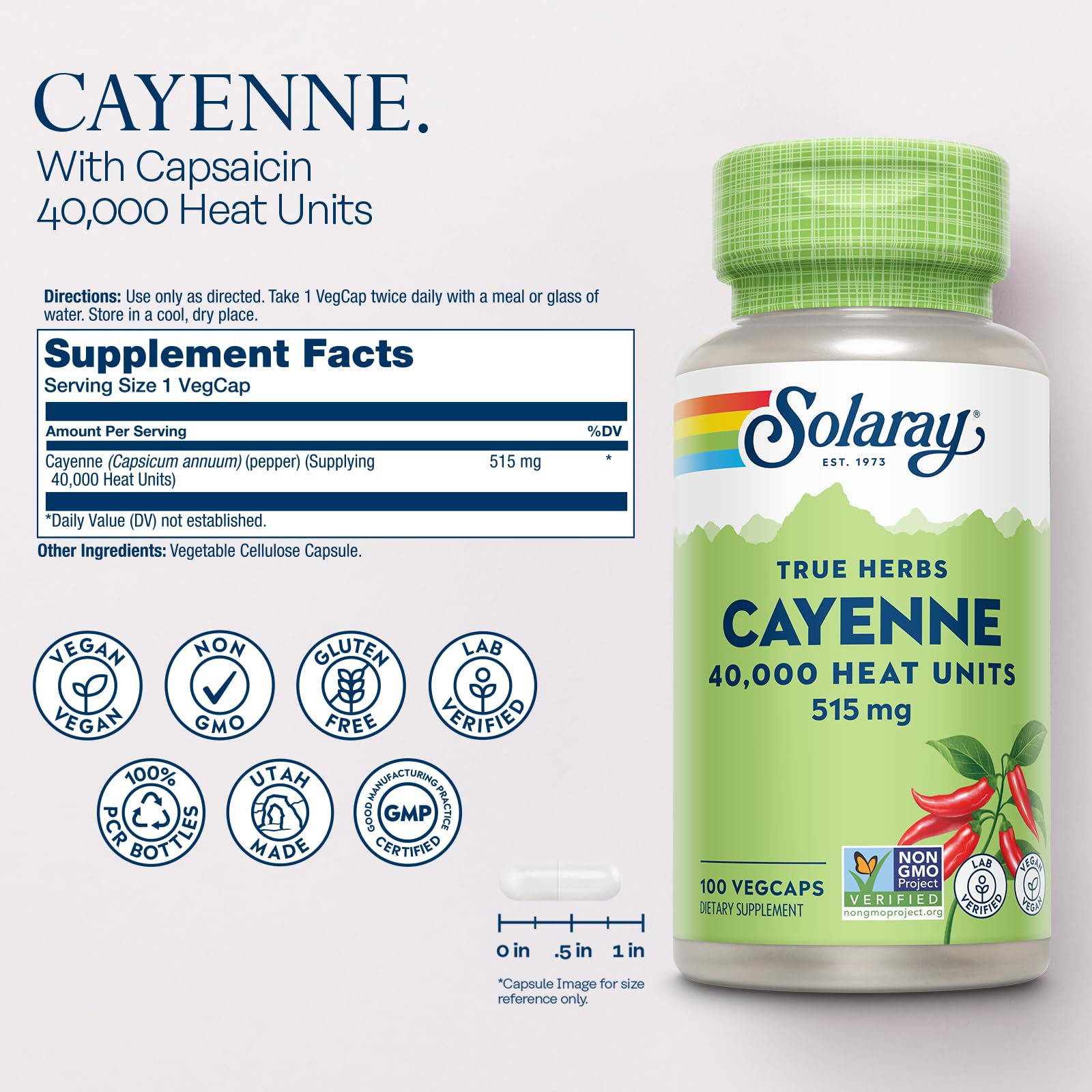 SOLARAY Cayenne – capsule de piment fort pour chaleur naturelle.