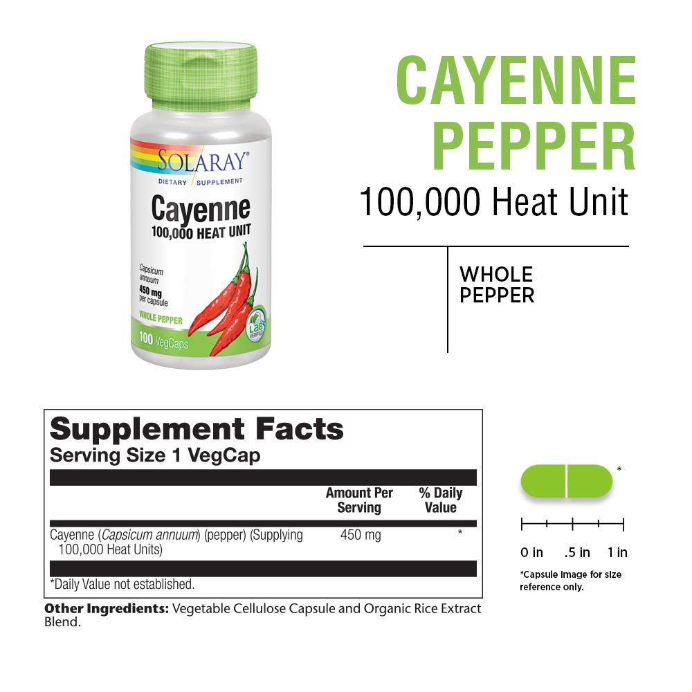 SOLARAY Cayenne : dose quotidienne avec repas pour une meilleure assimilation.